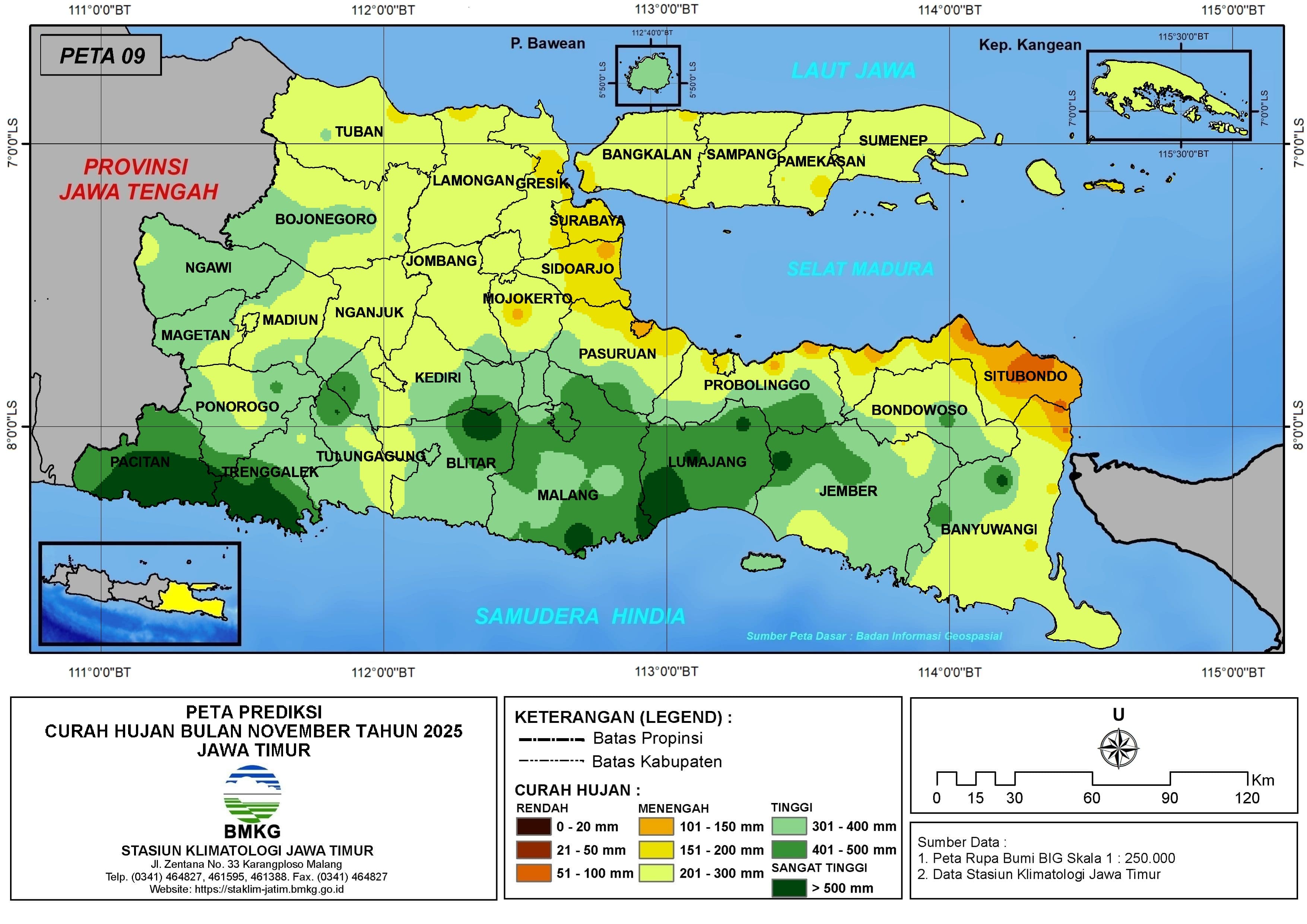 ( Prediksi - Bulanan ) Curah Hujan Bulan NOVEMBER Tahun 2025 - Update dari Analisis Bulan Juli Tahun 2025 di Provinsi Jawa Timur