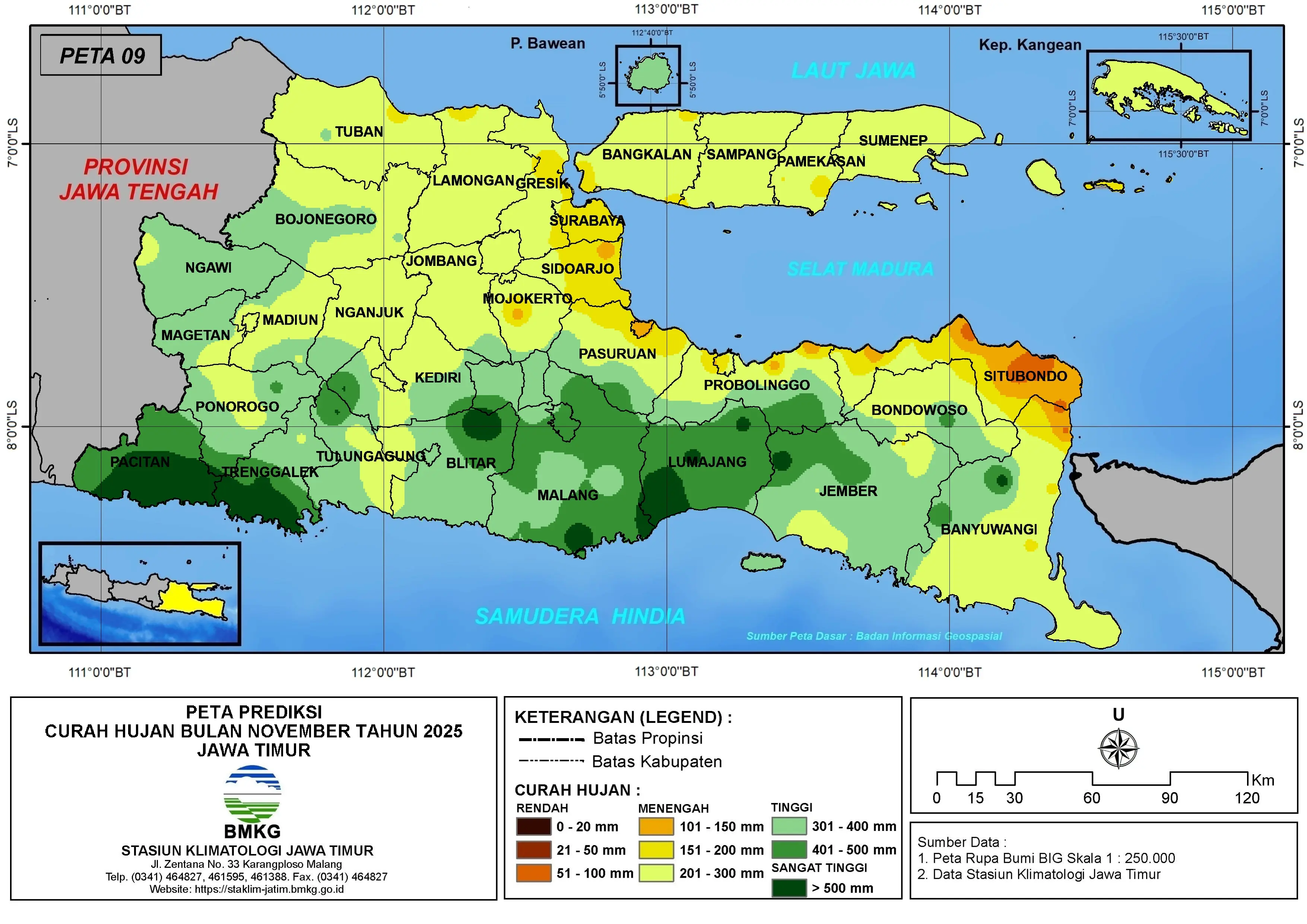 ( Prediksi - Bulanan ) Curah Hujan Bulan NOVEMBER Tahun 2025 - Update dari Analisis Bulan Juli Tahun 2025 di Provinsi Jawa Timur