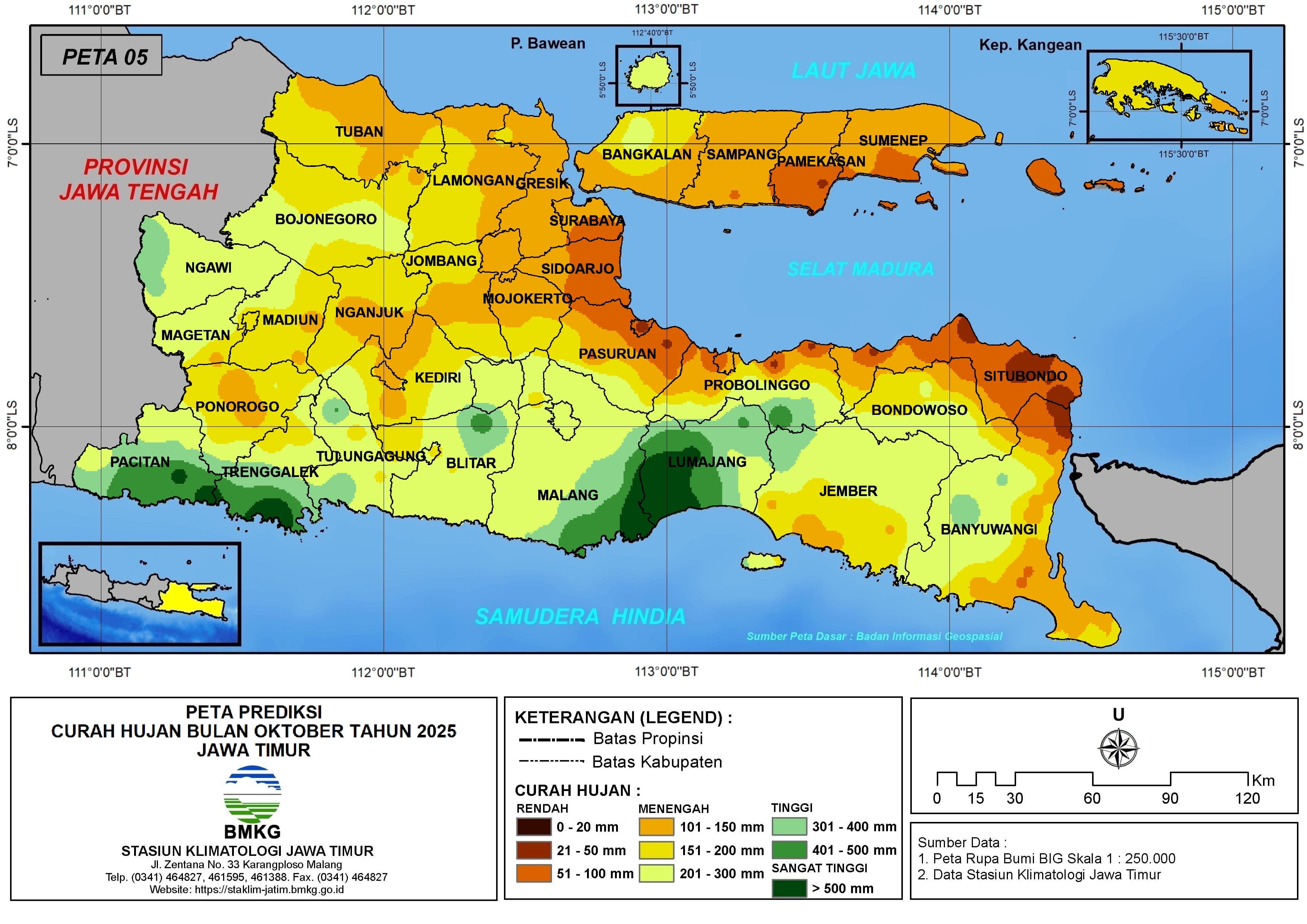 ( Prediksi - Bulanan ) Curah Hujan Bulan OKTOBER Tahun 2025 - Update dari Analisis Bulan Agustus Tahun 2025 di Provinsi Jawa Timur