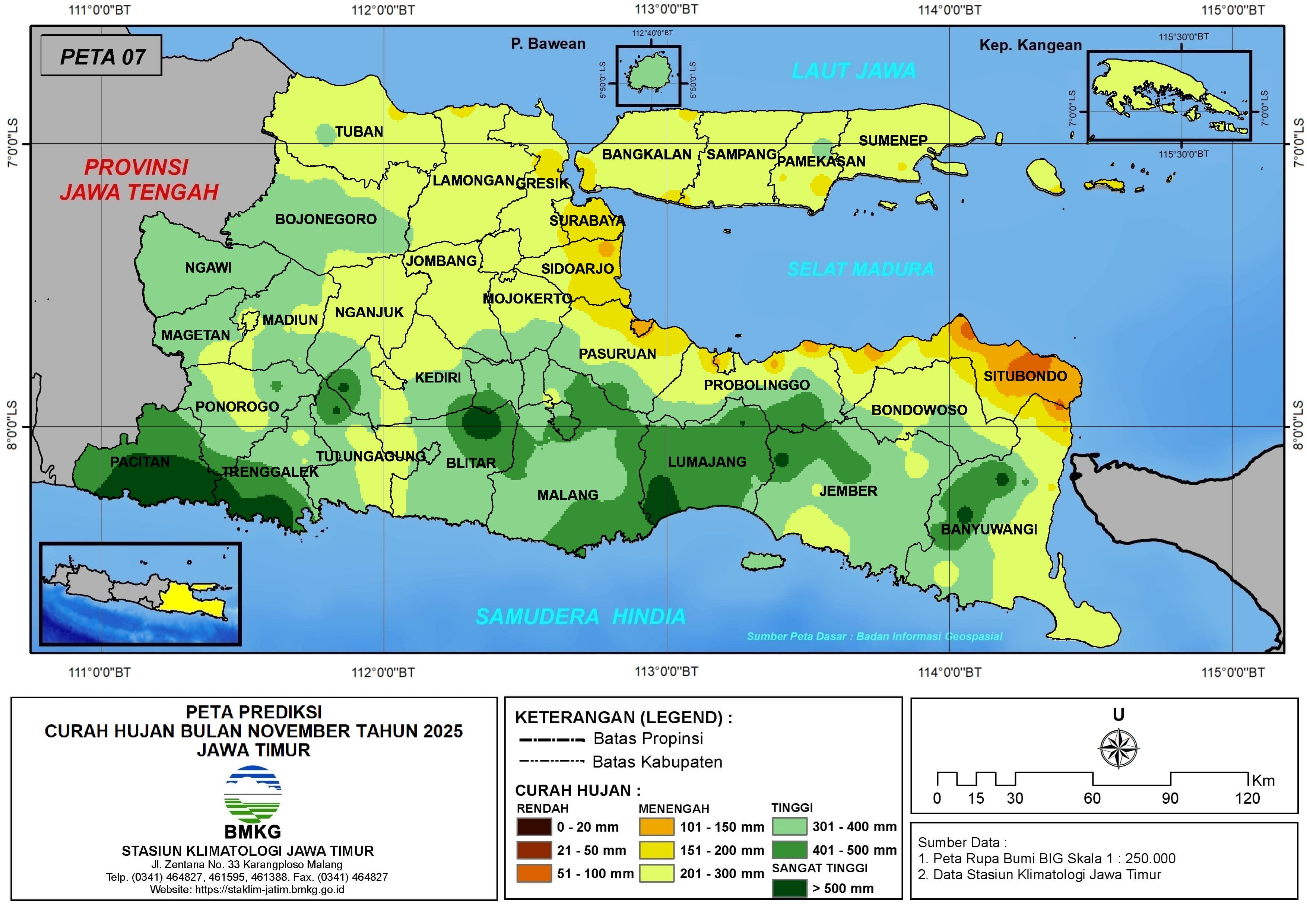 ( Prediksi - Bulanan ) Curah Hujan Bulan NOVEMBER Tahun 2025 - Update dari Analisis Bulan Agustus Tahun 2025 di Provinsi Jawa Timur