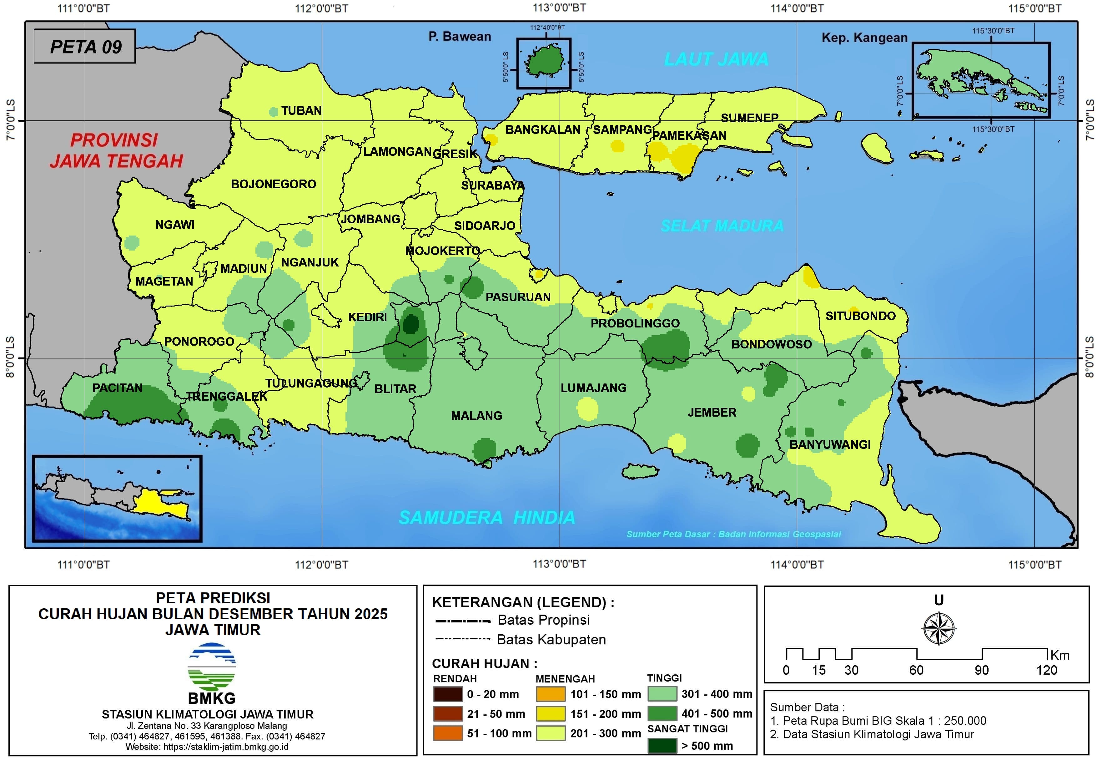 ( Prediksi - Bulanan ) Curah Hujan Bulan DESEMBER Tahun 2025 - Update dari Analisis Bulan Agustus Tahun 2025 di Provinsi Jawa Timur