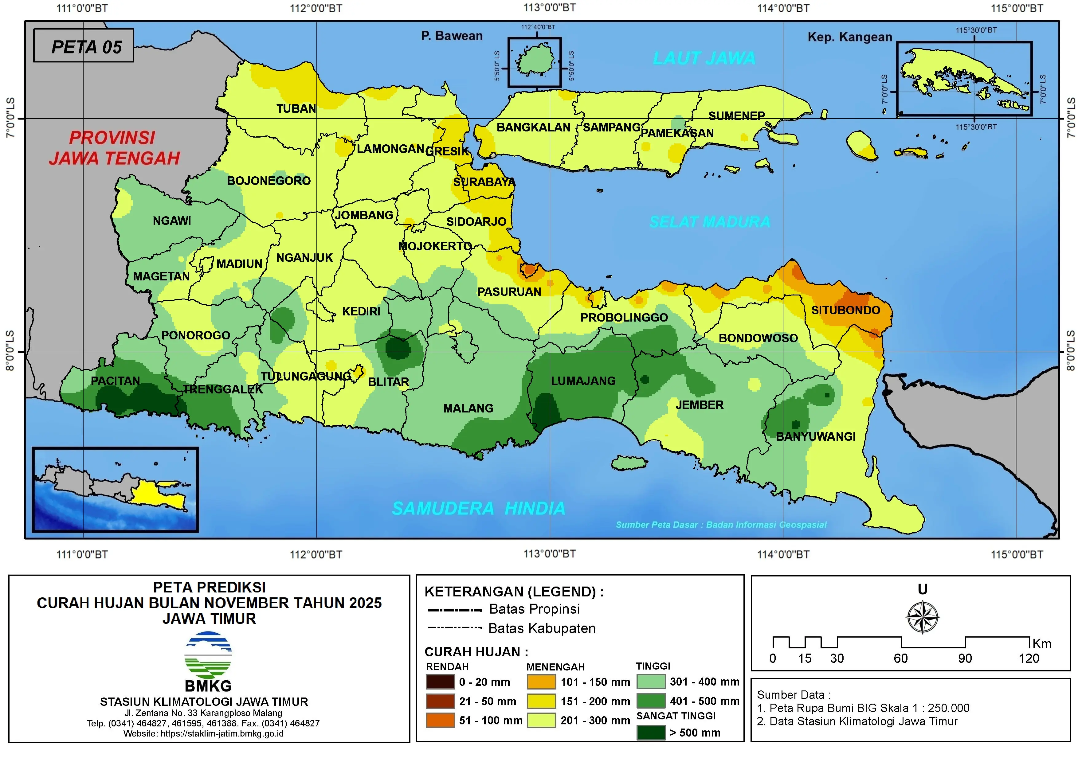 ( Prediksi - Bulanan ) Curah Hujan Bulan NOVEMBER Tahun 2025 - Update dari Analisis Bulan September Tahun 2025 di Provinsi Jawa Timur