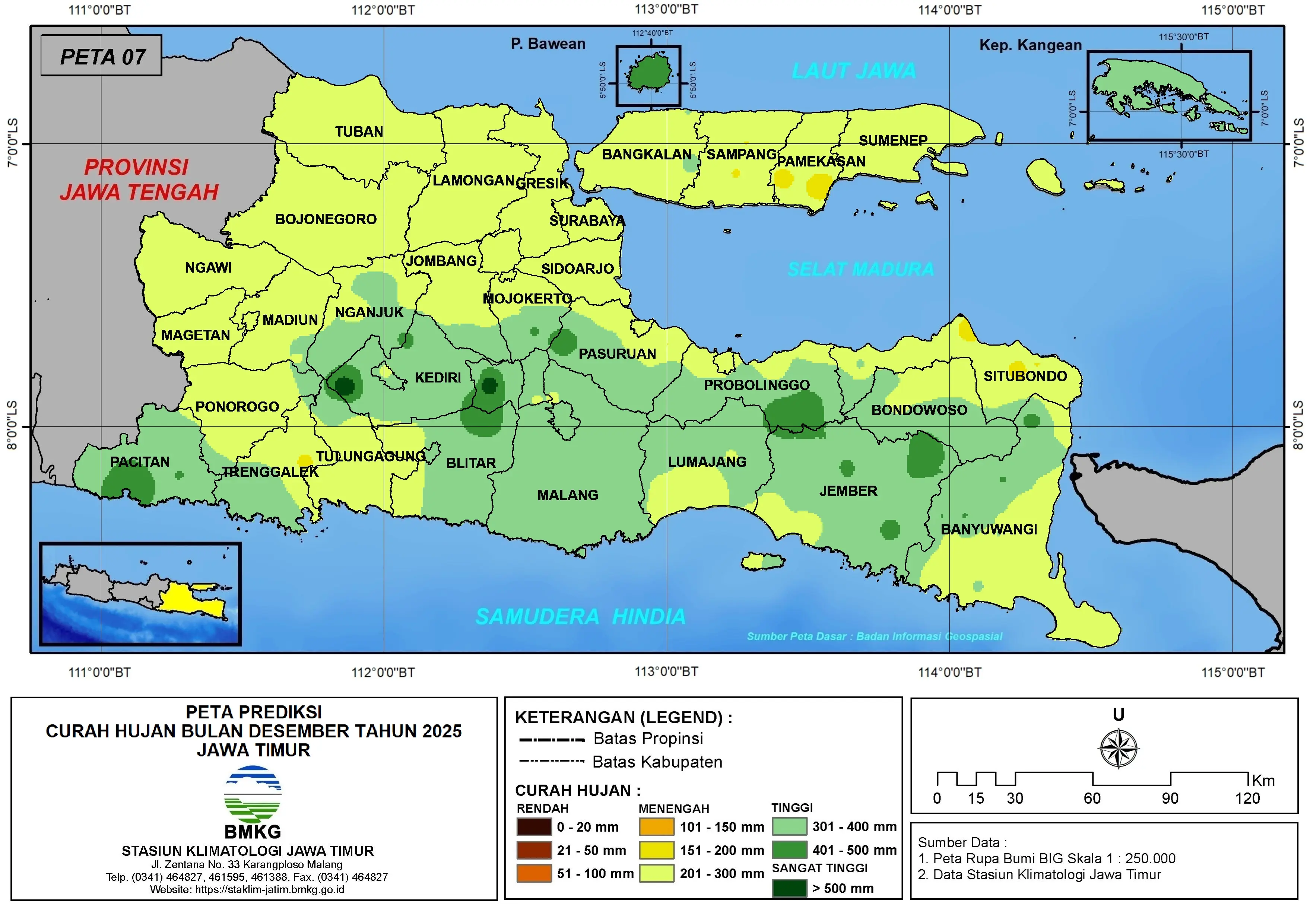 ( Prediksi - Bulanan ) Curah Hujan Bulan DESEMBER Tahun 2025 - Update dari Analisis Bulan September Tahun 2025 di Provinsi Jawa Timur