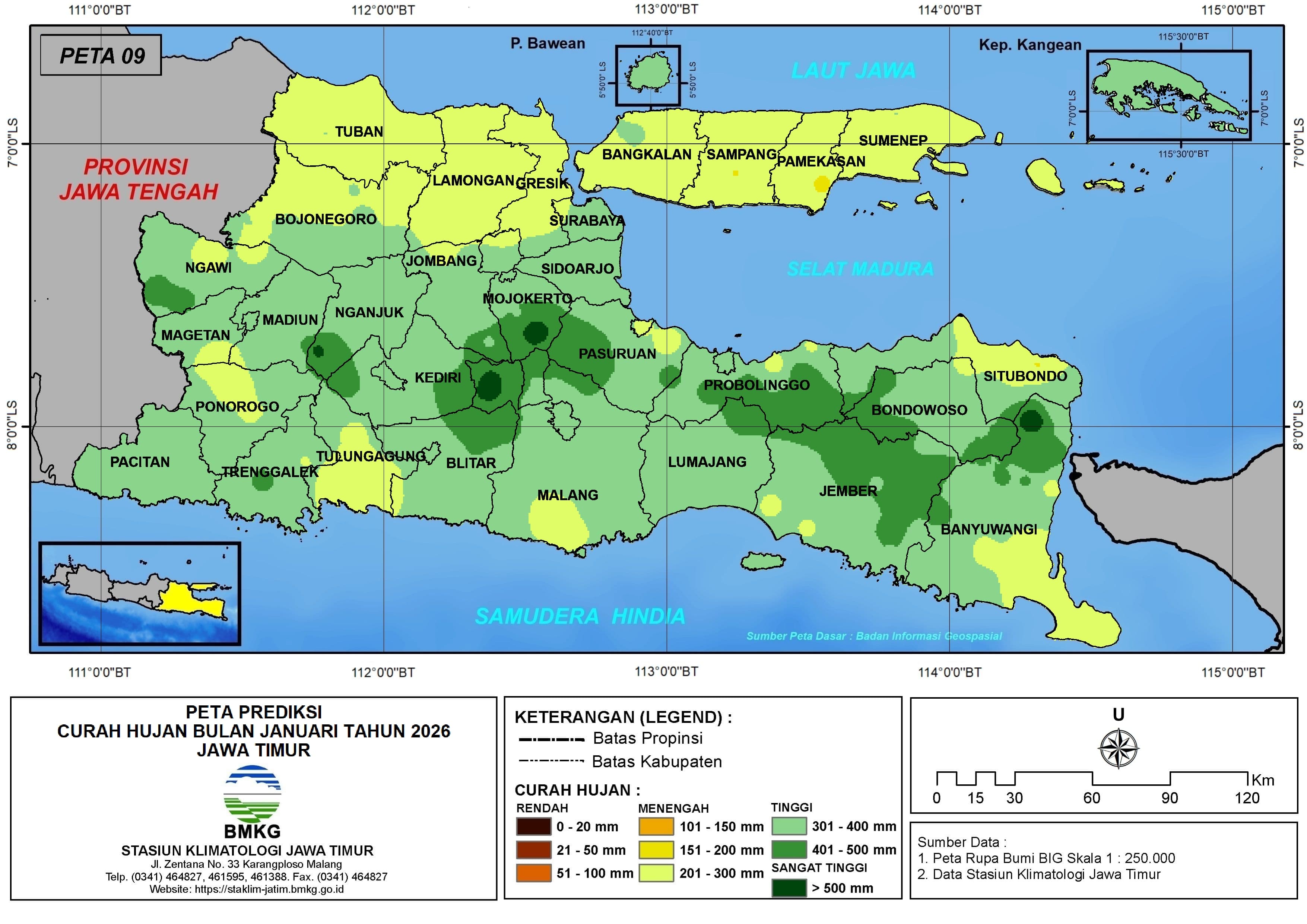 ( Prediksi - Bulanan ) Curah Hujan Bulan JANUARI Tahun 2026 - Update dari Analisis Bulan September Tahun 2025 di Provinsi Jawa Timur