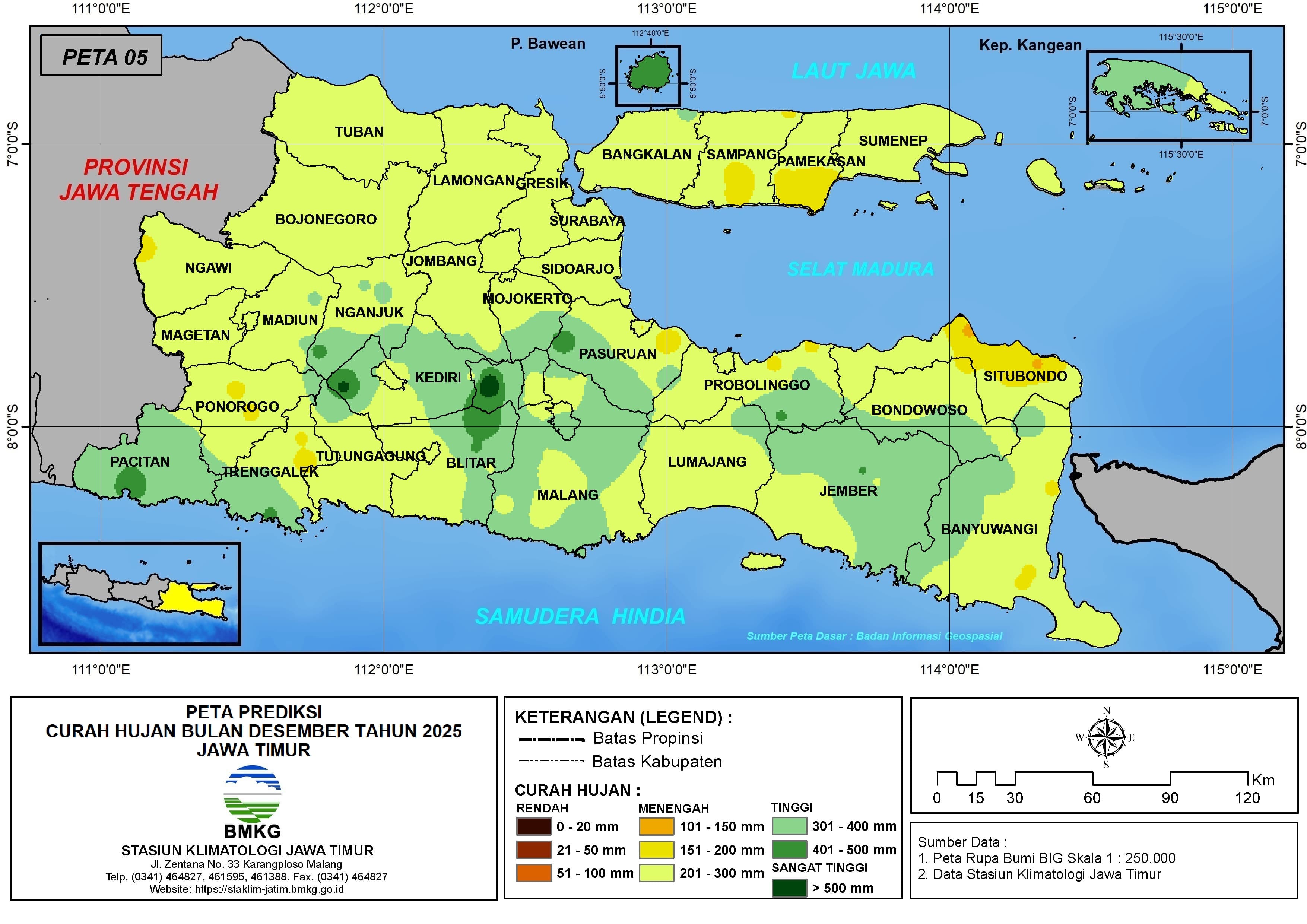 ( Prediksi - Bulanan ) Curah Hujan Bulan DESEMBER Tahun 2025 - Update dari Analisis Bulan Oktober Tahun 2025 di Provinsi Jawa Timur