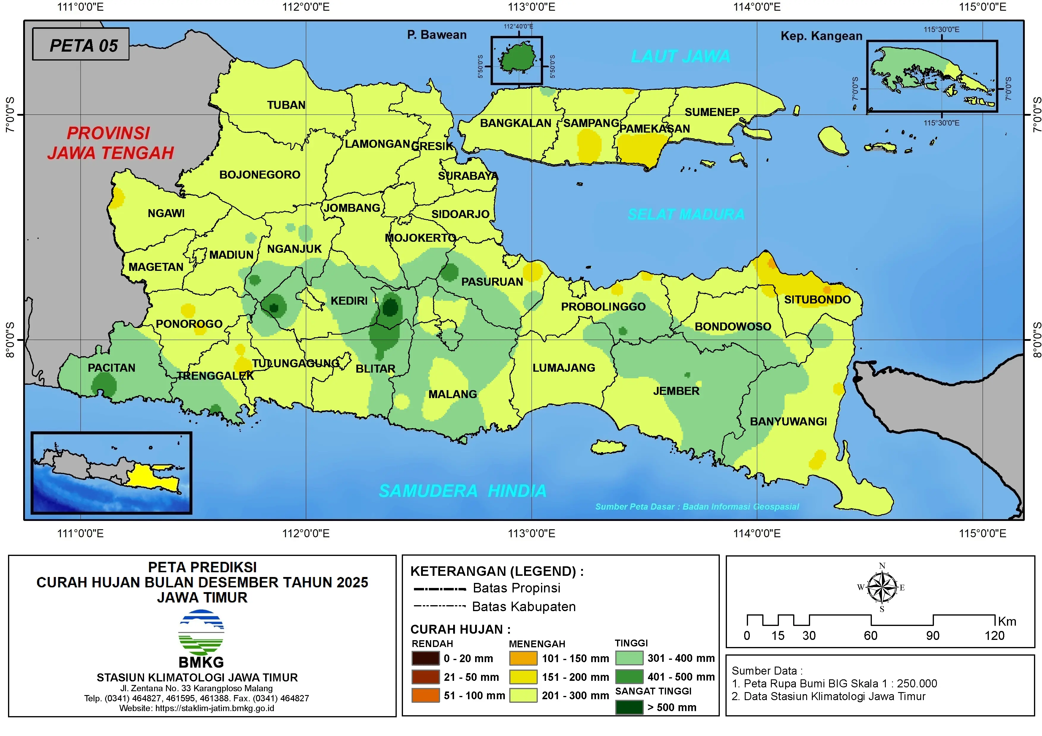 ( Prediksi - Bulanan ) Curah Hujan Bulan DESEMBER Tahun 2025 - Update dari Analisis Bulan Oktober Tahun 2025 di Provinsi Jawa Timur