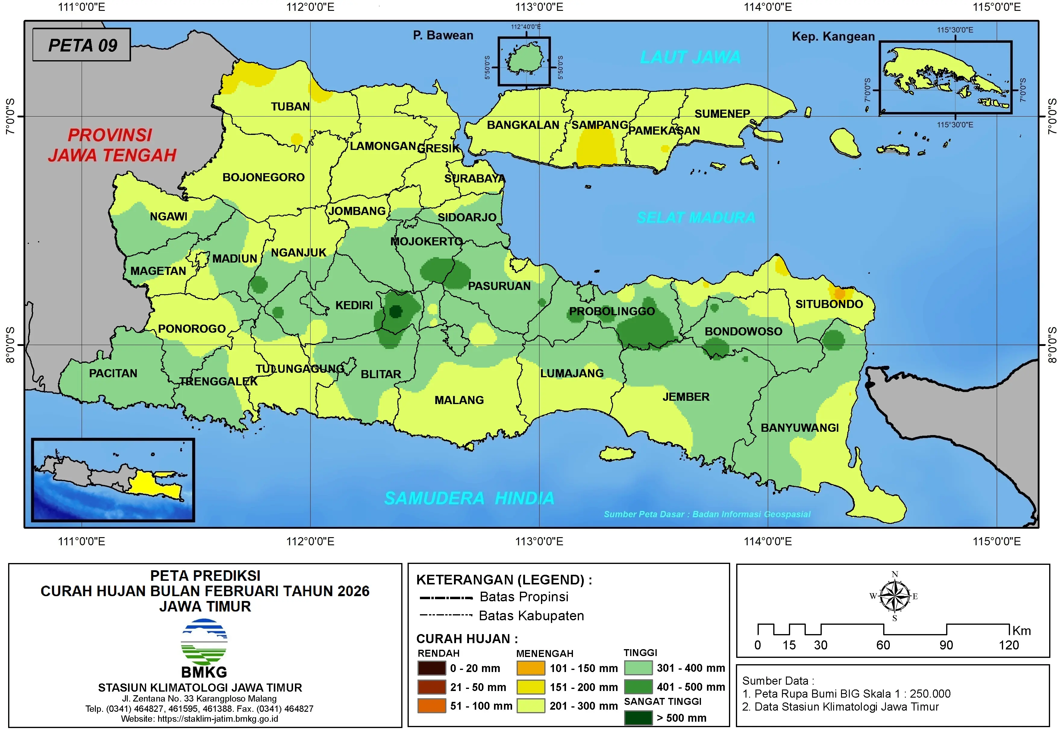 ( Prediksi - Bulanan ) Curah Hujan Bulan FEBRUARI Tahun 2026 - Update dari Analisis Bulan Oktober Tahun 2025 di Provinsi Jawa Timur