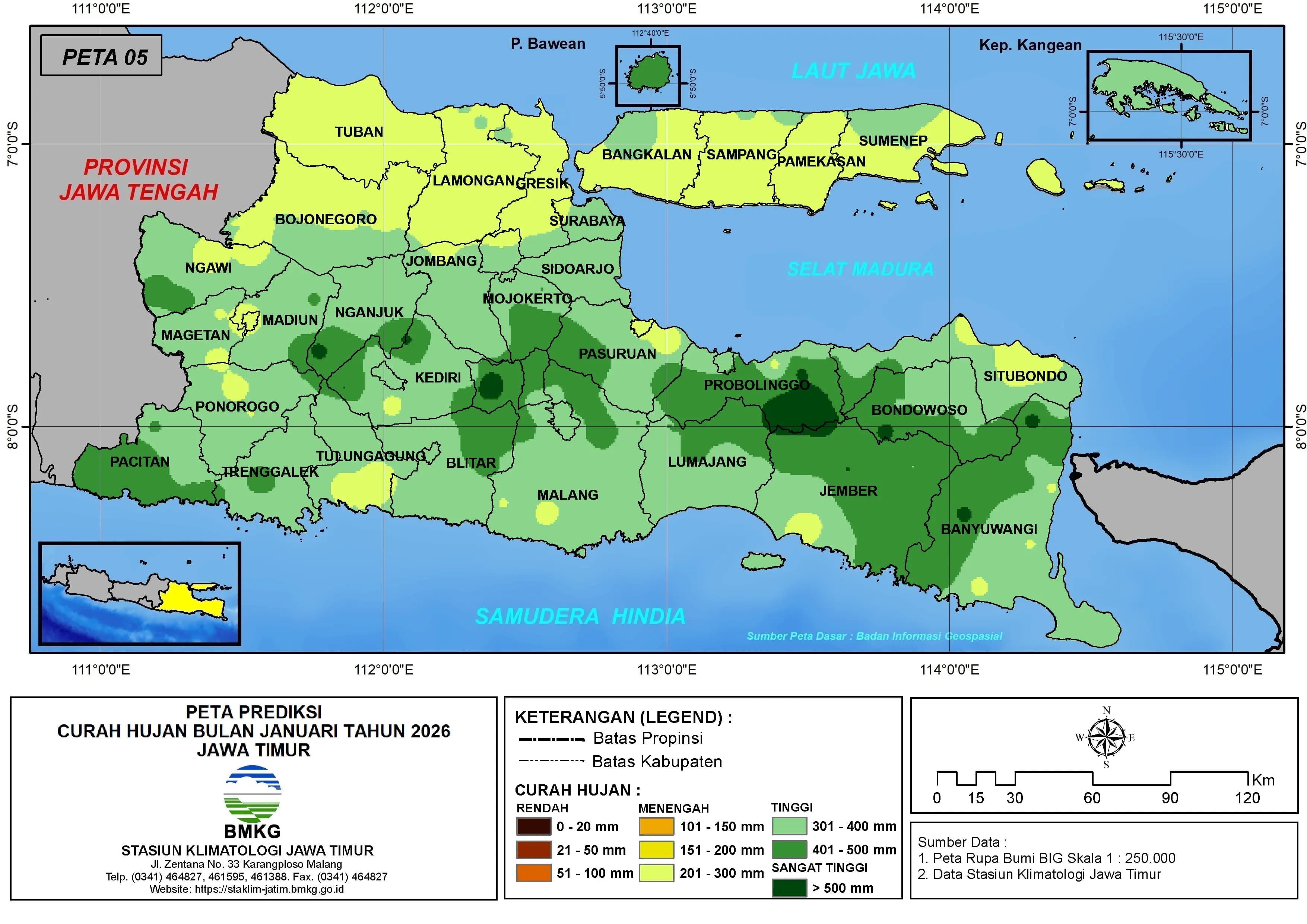 ( Prediksi - Bulanan ) Curah Hujan Bulan JANUARI Tahun 2026 - Update dari Analisis Bulan November Tahun 2025 di Provinsi Jawa Timur