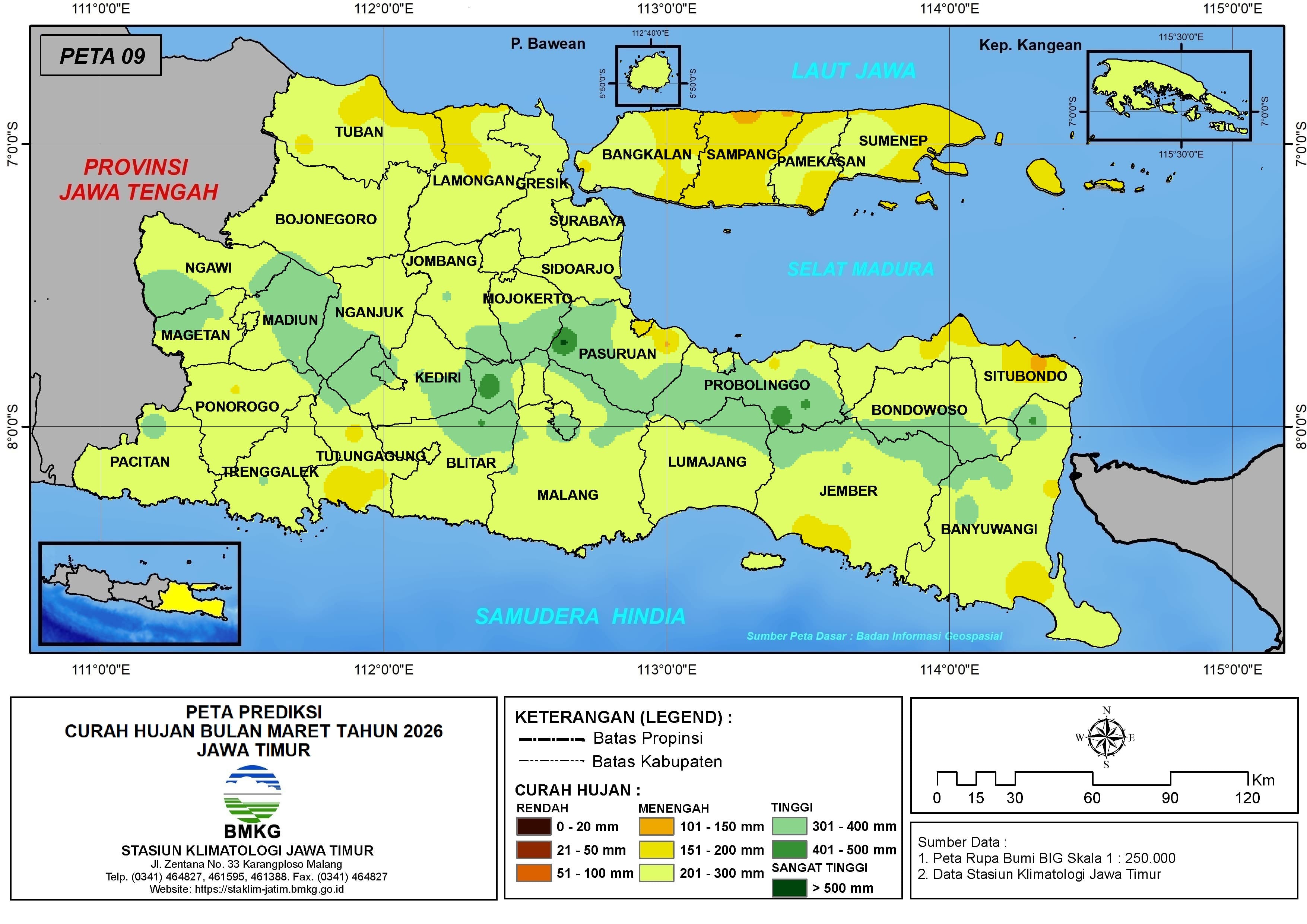 ( Prediksi - Bulanan ) Curah Hujan Bulan MARET Tahun 2026 - Update dari Analisis Bulan November Tahun 2025 di Provinsi Jawa Timur
