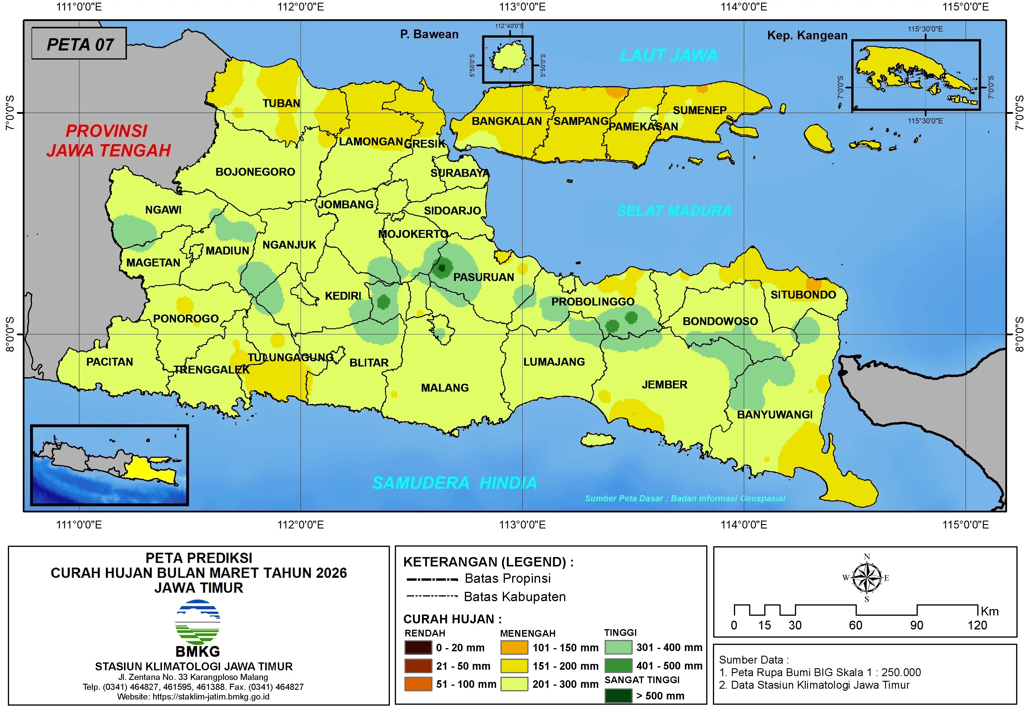 ( Prediksi - Bulanan ) Curah Hujan Bulan MARET Tahun 2026 - Update dari Analisis Bulan Desember Tahun 2025 di Provinsi Jawa Timur