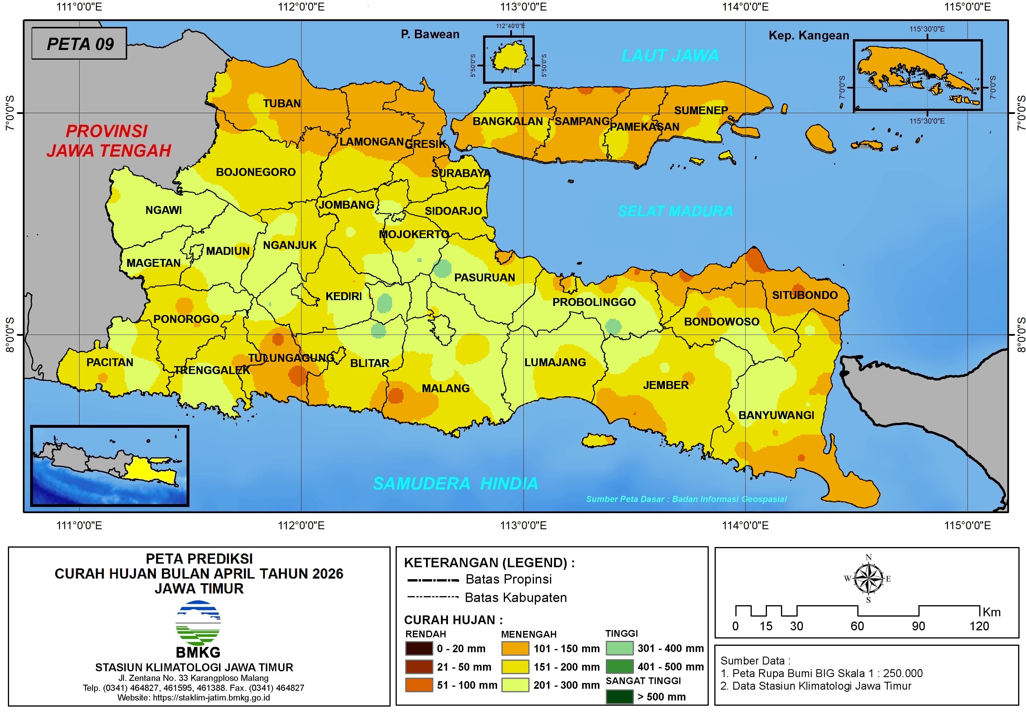 ( Prediksi - Bulanan ) Curah Hujan Bulan APRIL Tahun 2026 - Update dari Analisis Bulan Desember Tahun 2025 di Provinsi Jawa Timur