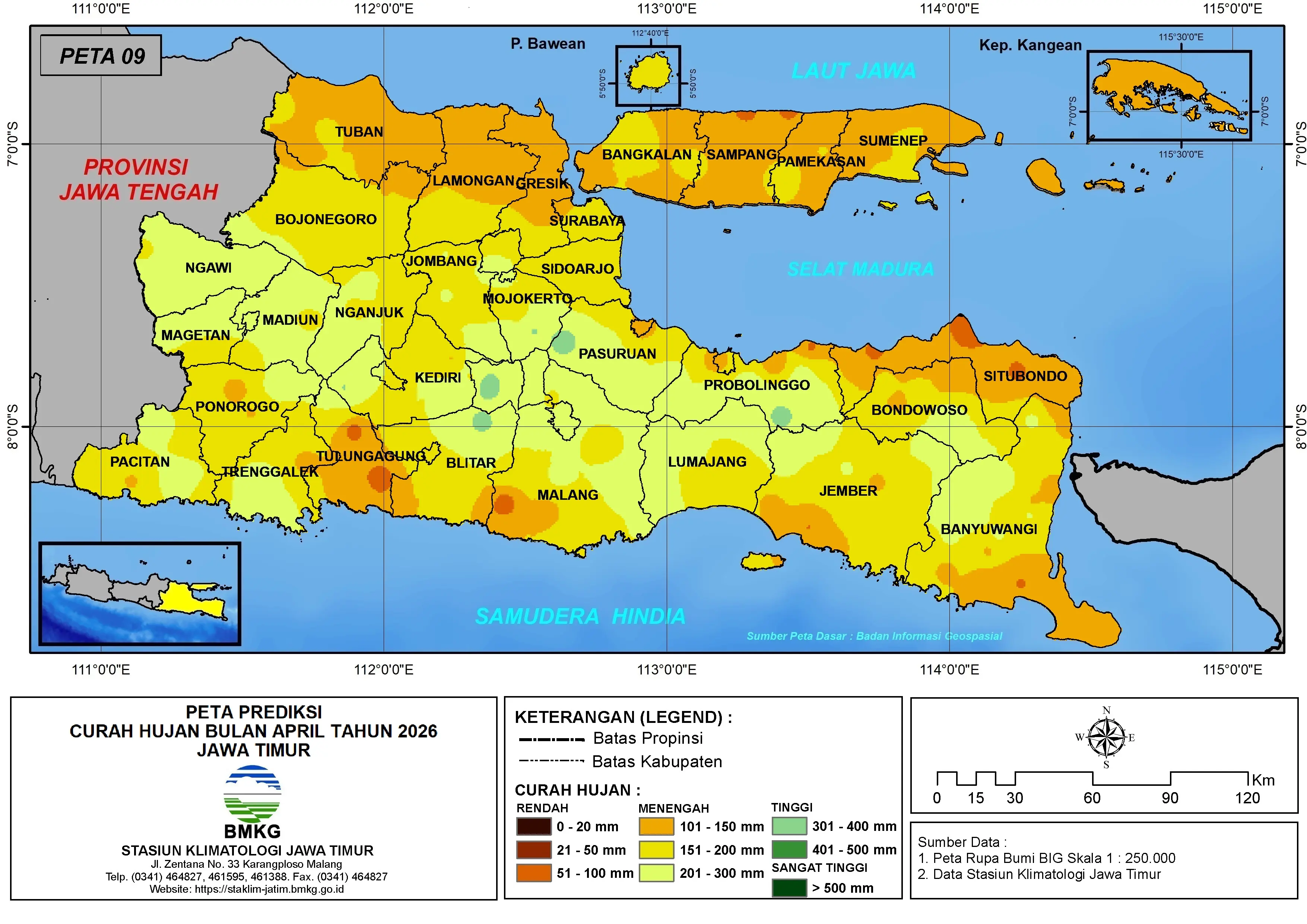 ( Prediksi - Bulanan ) Curah Hujan Bulan APRIL Tahun 2026 - Update dari Analisis Bulan Desember Tahun 2025 di Provinsi Jawa Timur