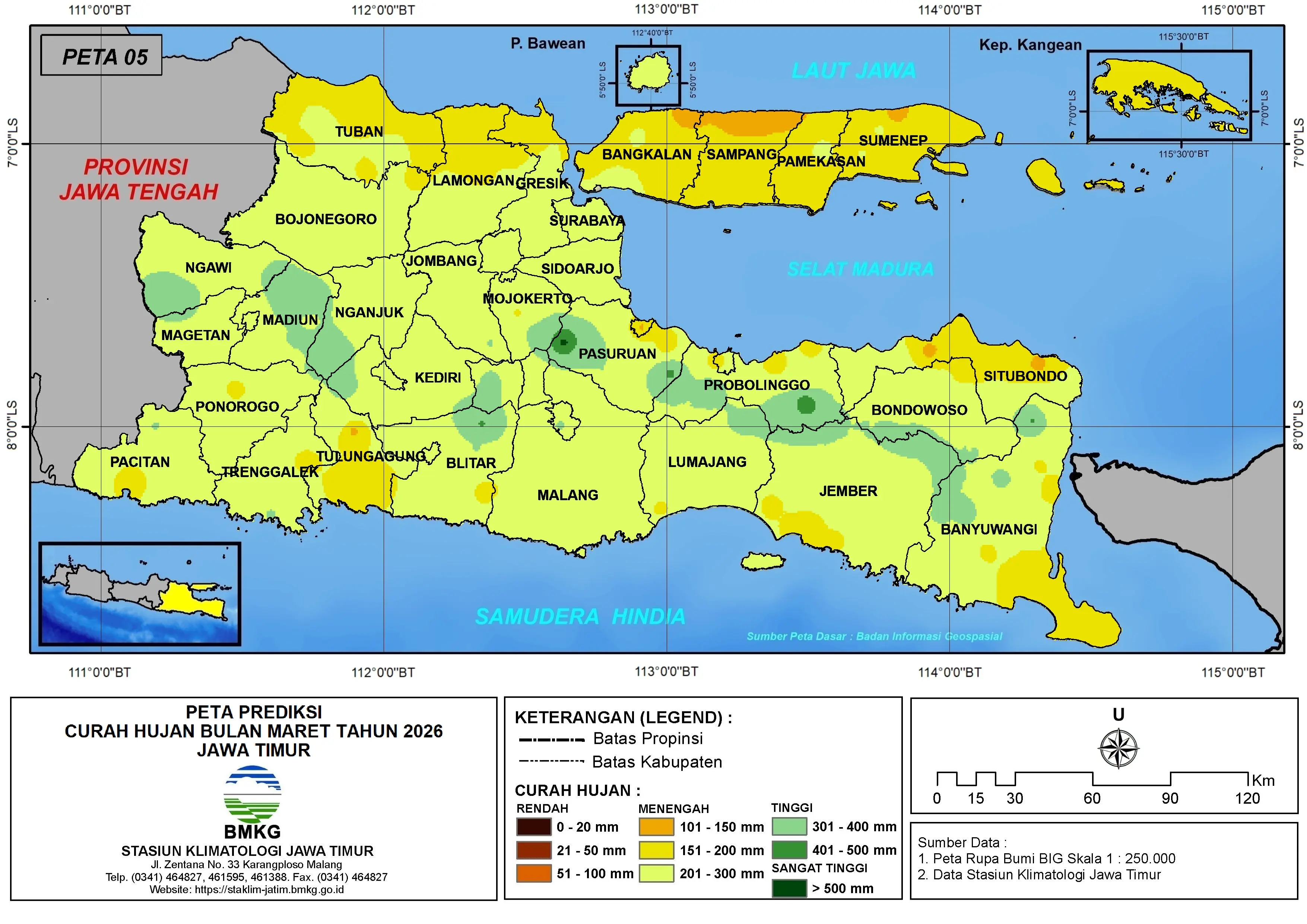 ( Prediksi - Bulanan ) Curah Hujan Bulan MARET Tahun 2026 - Update dari Analisis Bulan Januari Tahun 2026 di Provinsi Jawa Timur