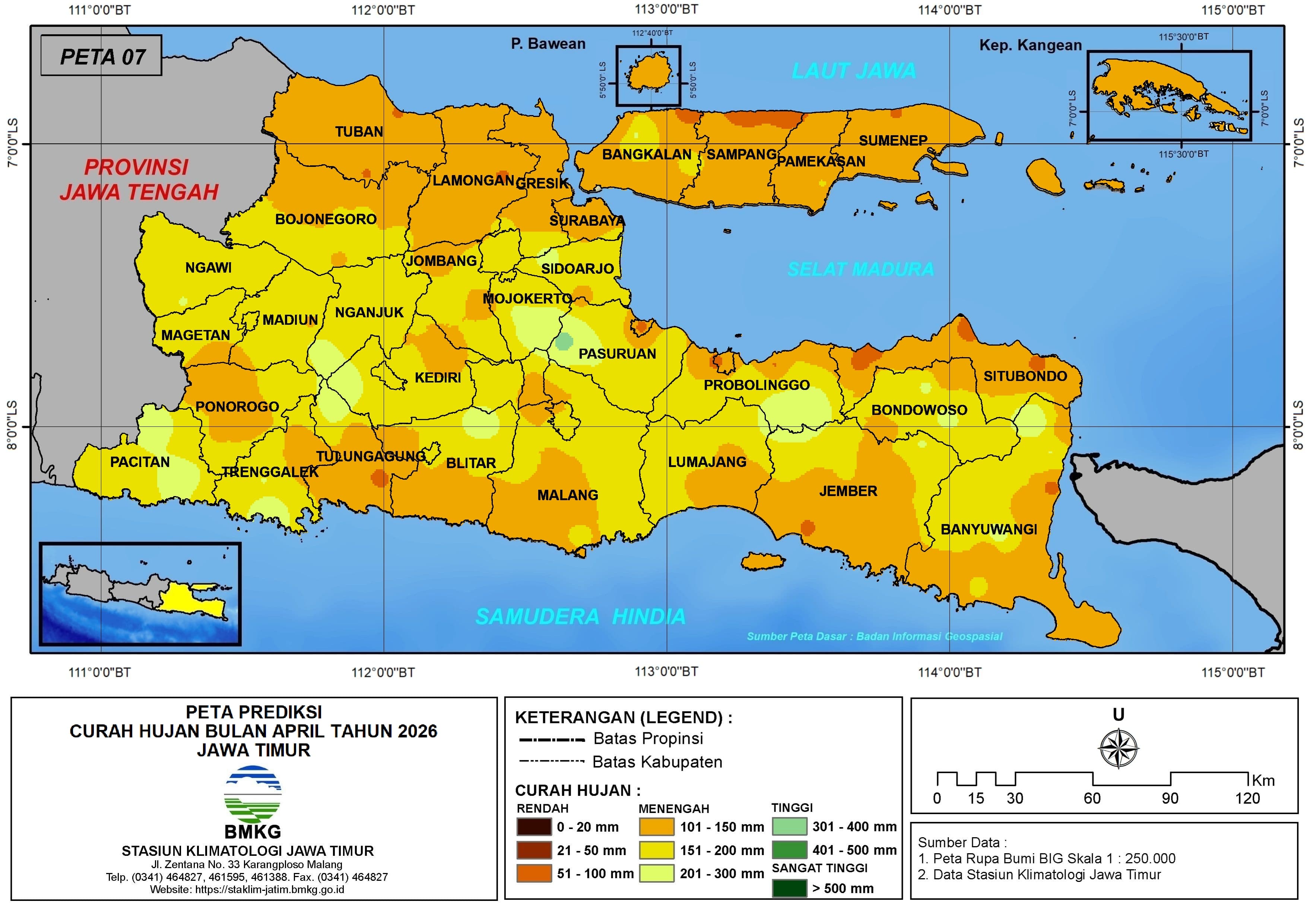 ( Prediksi - Bulanan ) Curah Hujan Bulan APRIL Tahun 2026 - Update dari Analisis Bulan Januari Tahun 2026 di Provinsi Jawa Timur