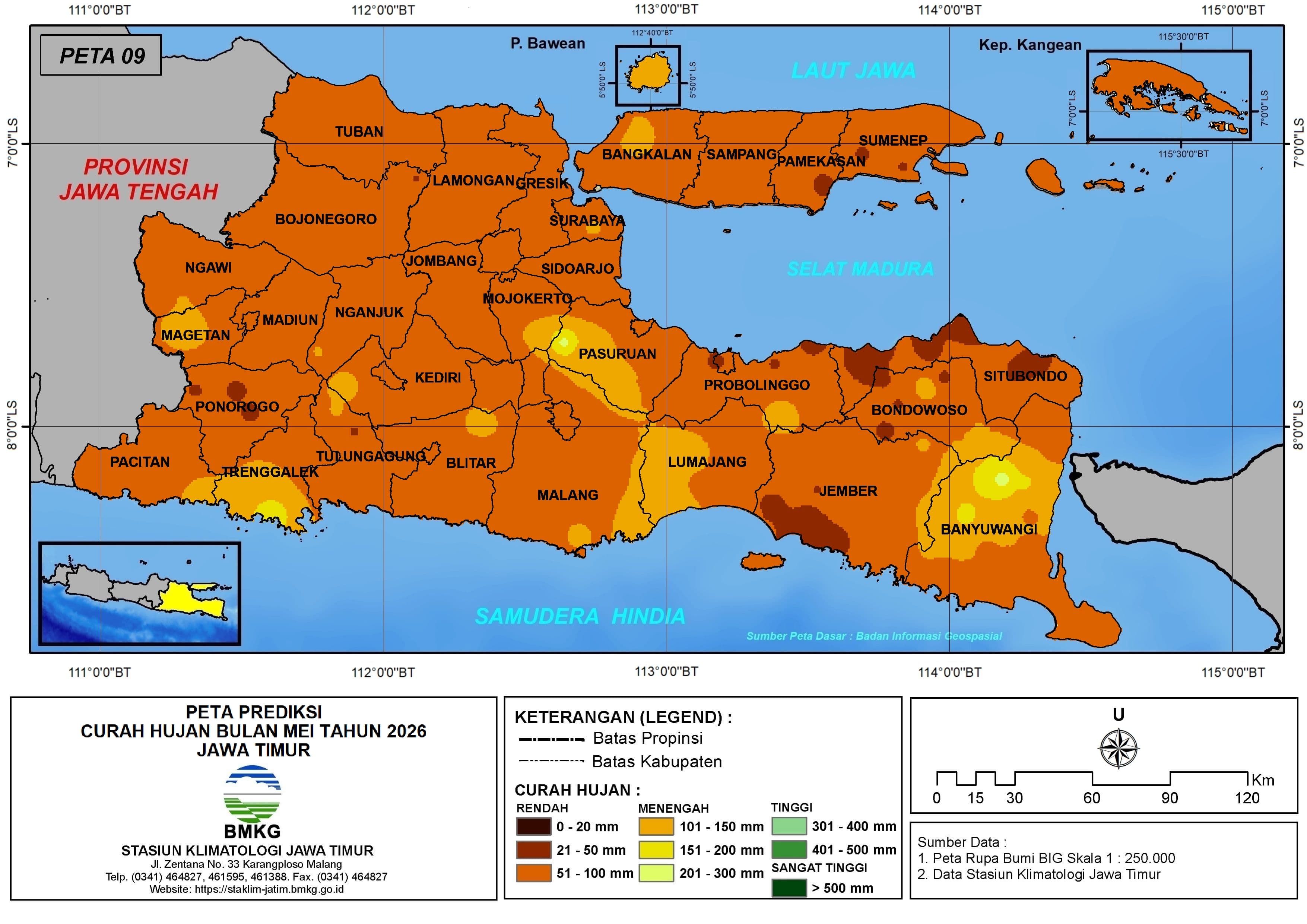 ( Prediksi - Bulanan ) Curah Hujan Bulan MEI Tahun 2026 - Update dari Analisis Bulan Januari Tahun 2026 di Provinsi Jawa Timur