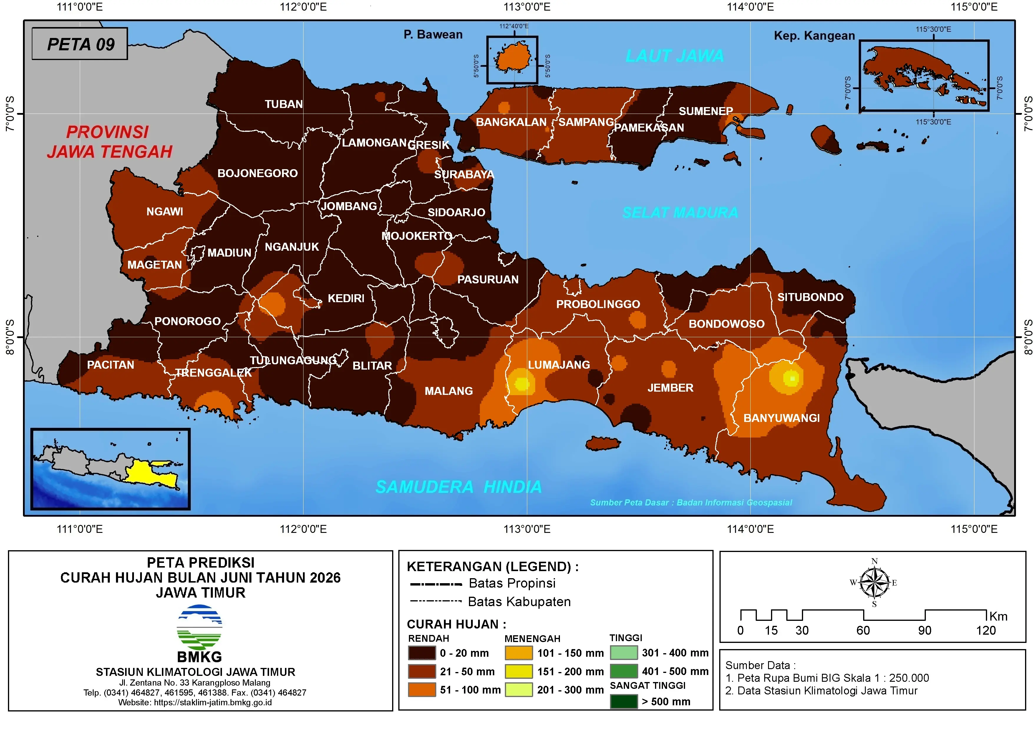 ( Prediksi - Bulanan ) Curah Hujan Bulan JUNI Tahun 2026 - Update dari Analisis Bulan Februari Tahun 2026 di Provinsi Jawa Timur
