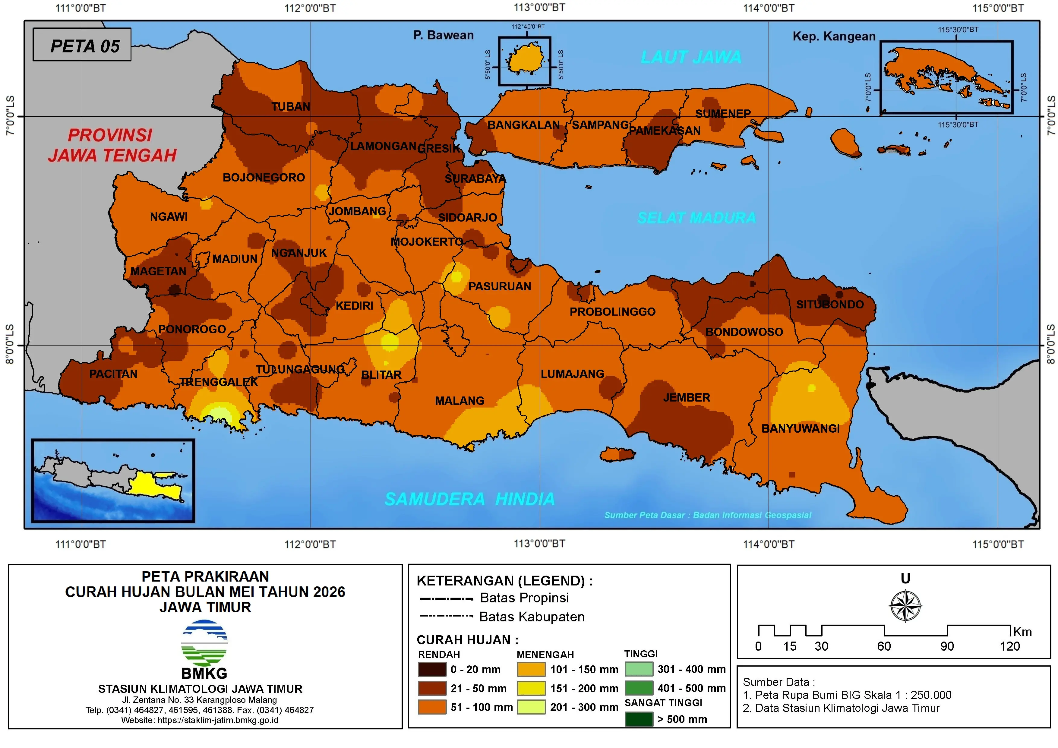 ( Prediksi - Bulanan ) Curah Hujan Bulan MEI Tahun 2026 - Update dari Analisis Bulan Maret Tahun 2026 di Provinsi Jawa Timur