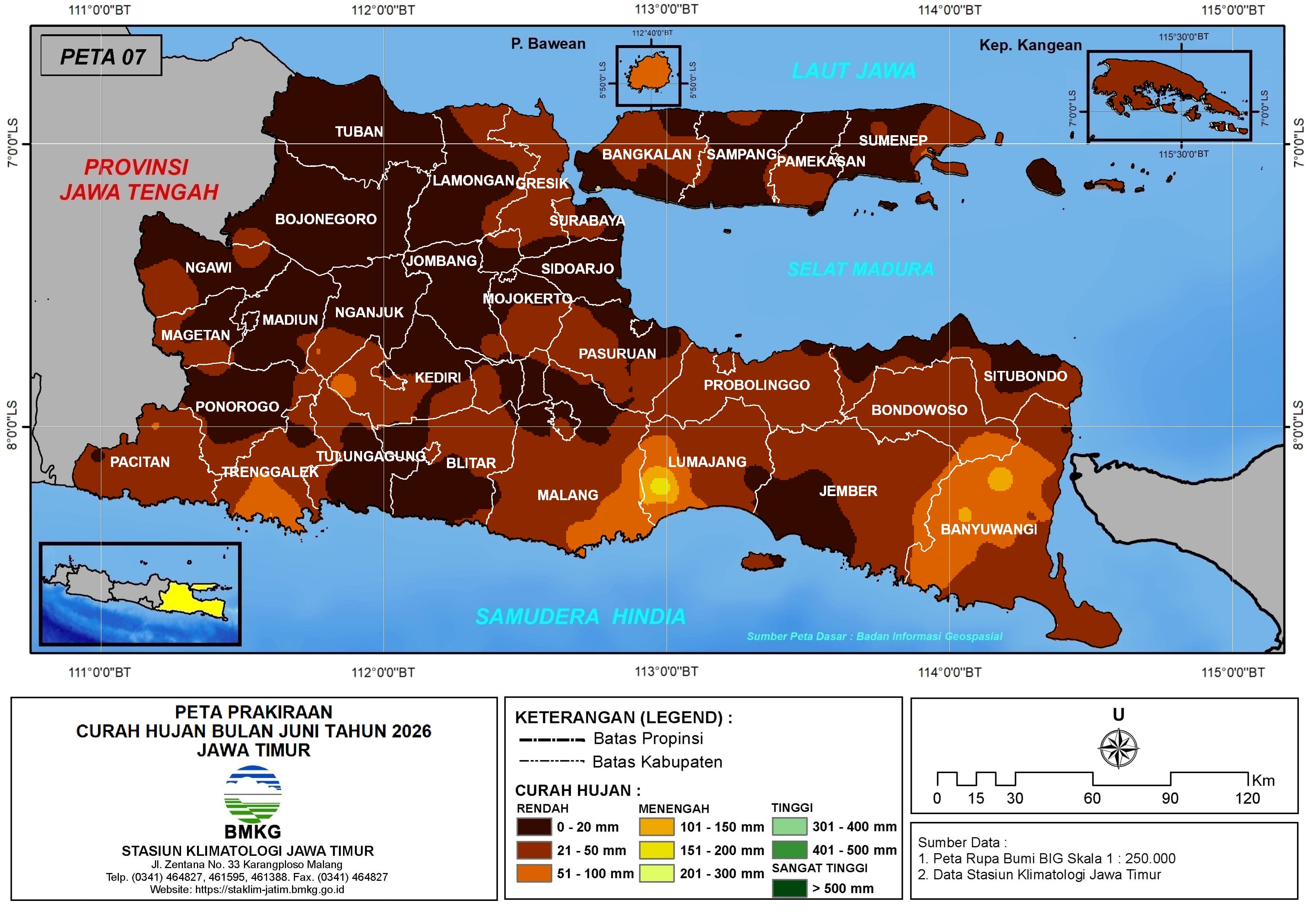 ( Prediksi - Bulanan ) Curah Hujan Bulan JUNI Tahun 2026 - Update dari Analisis Bulan Maret Tahun 2026 di Provinsi Jawa Timur