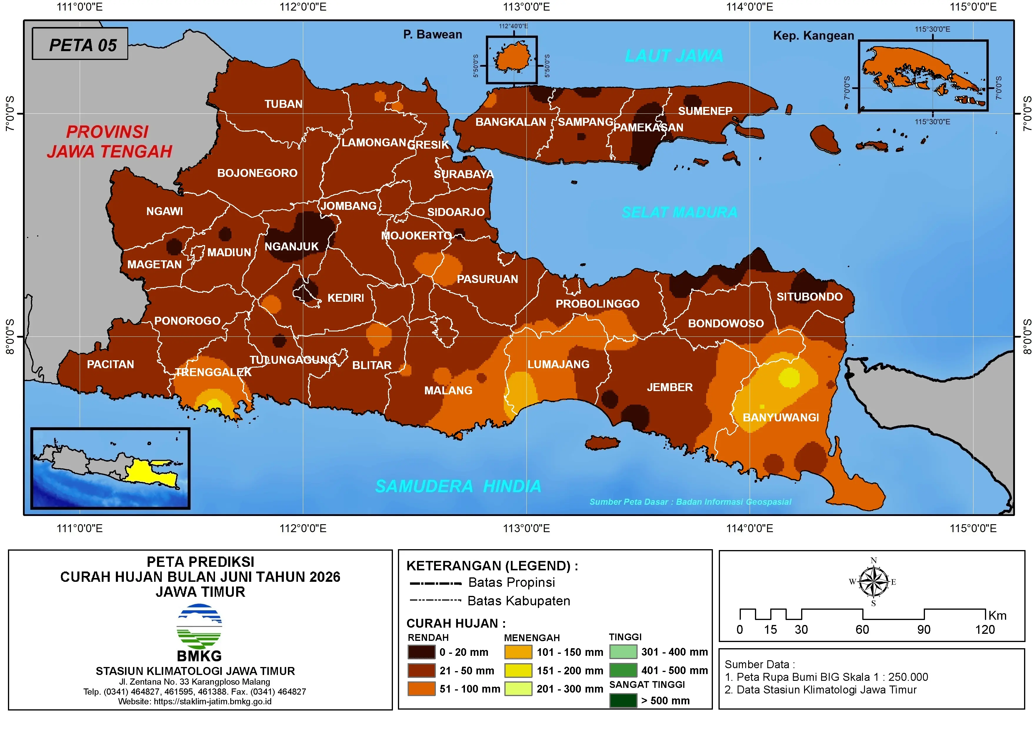 ( Prediksi - Bulanan ) Curah Hujan Bulan JUNI Tahun 2026 - Update dari Analisis Bulan April Tahun 2026 di Provinsi Jawa Timur