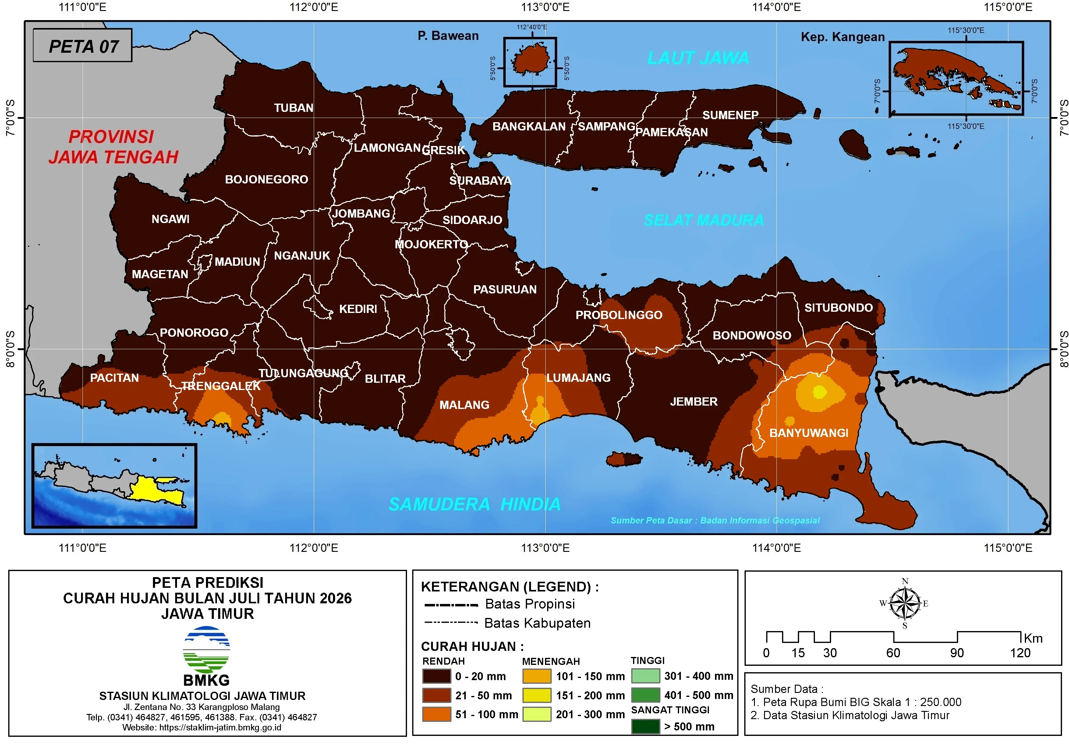( Prediksi - Bulanan ) Curah Hujan Bulan JULI Tahun 2026 - Update dari Analisis Bulan April Tahun 2026 di Provinsi Jawa Timur