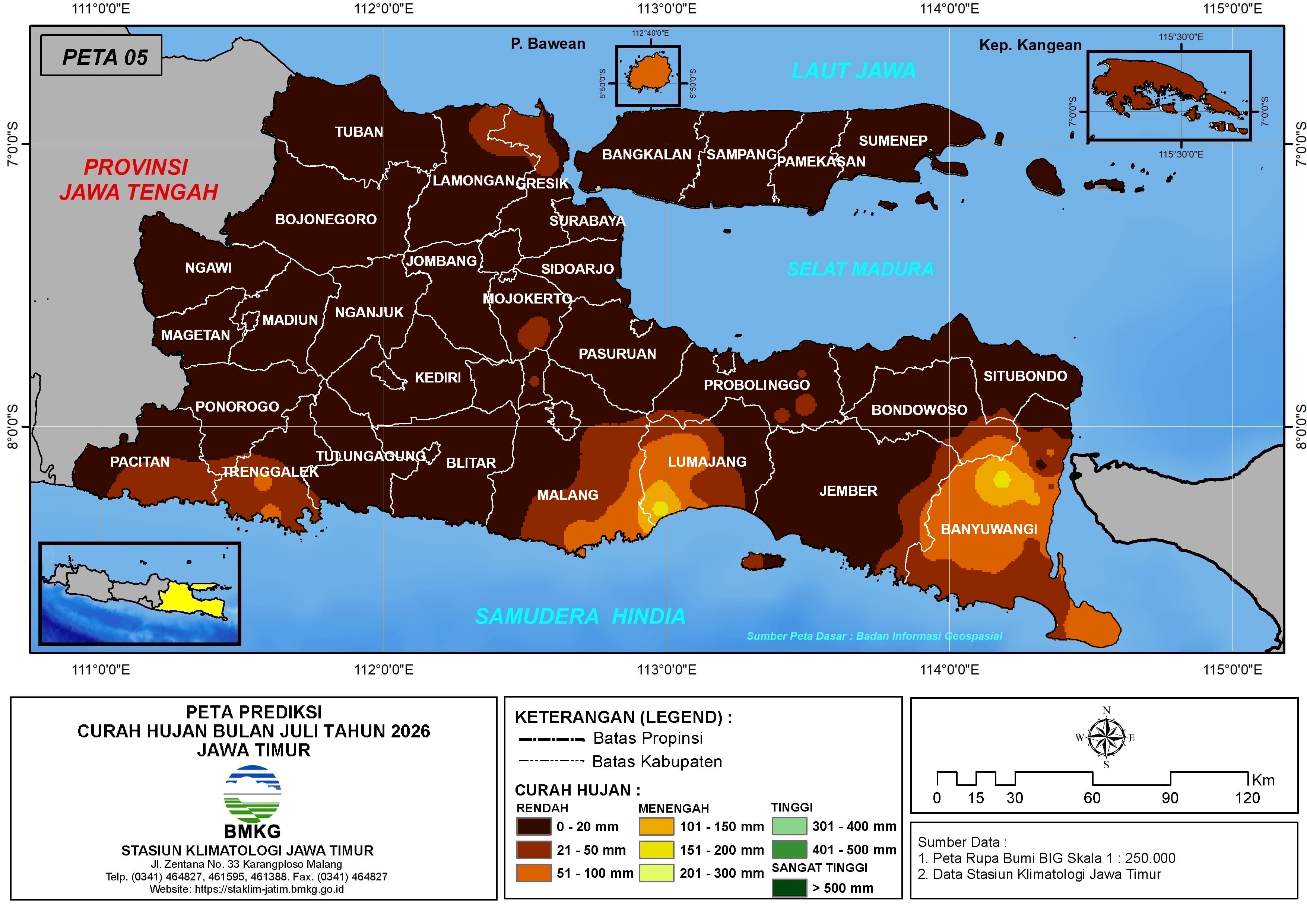 ( Prediksi - Bulanan ) Curah Hujan Bulan JULI Tahun 2026 - Update dari Analisis Bulan Mei Tahun 2026 di Provinsi Jawa Timur