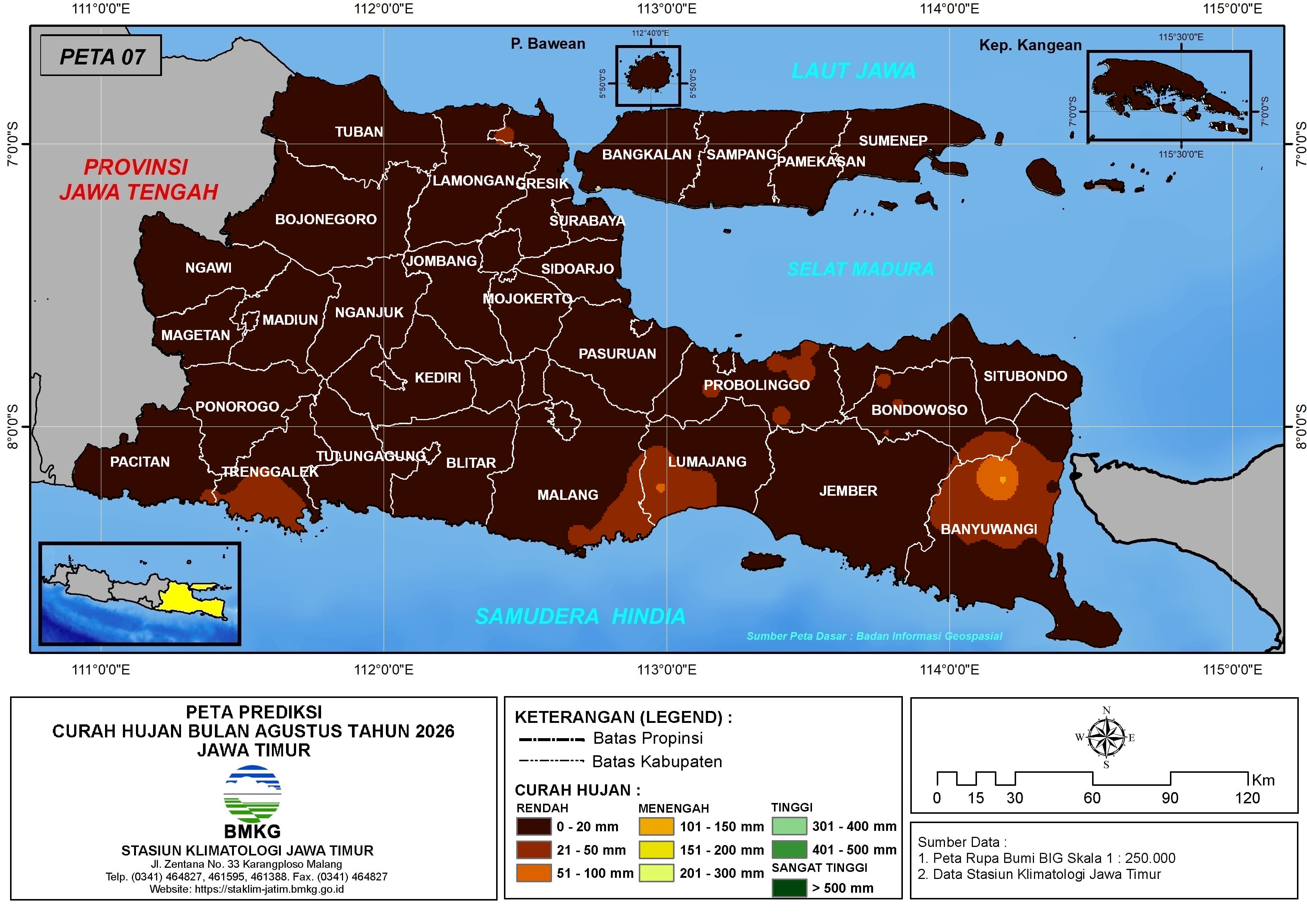 ( Prediksi - Bulanan ) Curah Hujan Bulan AGUSTUS Tahun 2026 - Update dari Analisis Bulan Mei Tahun 2026 di Provinsi Jawa Timur