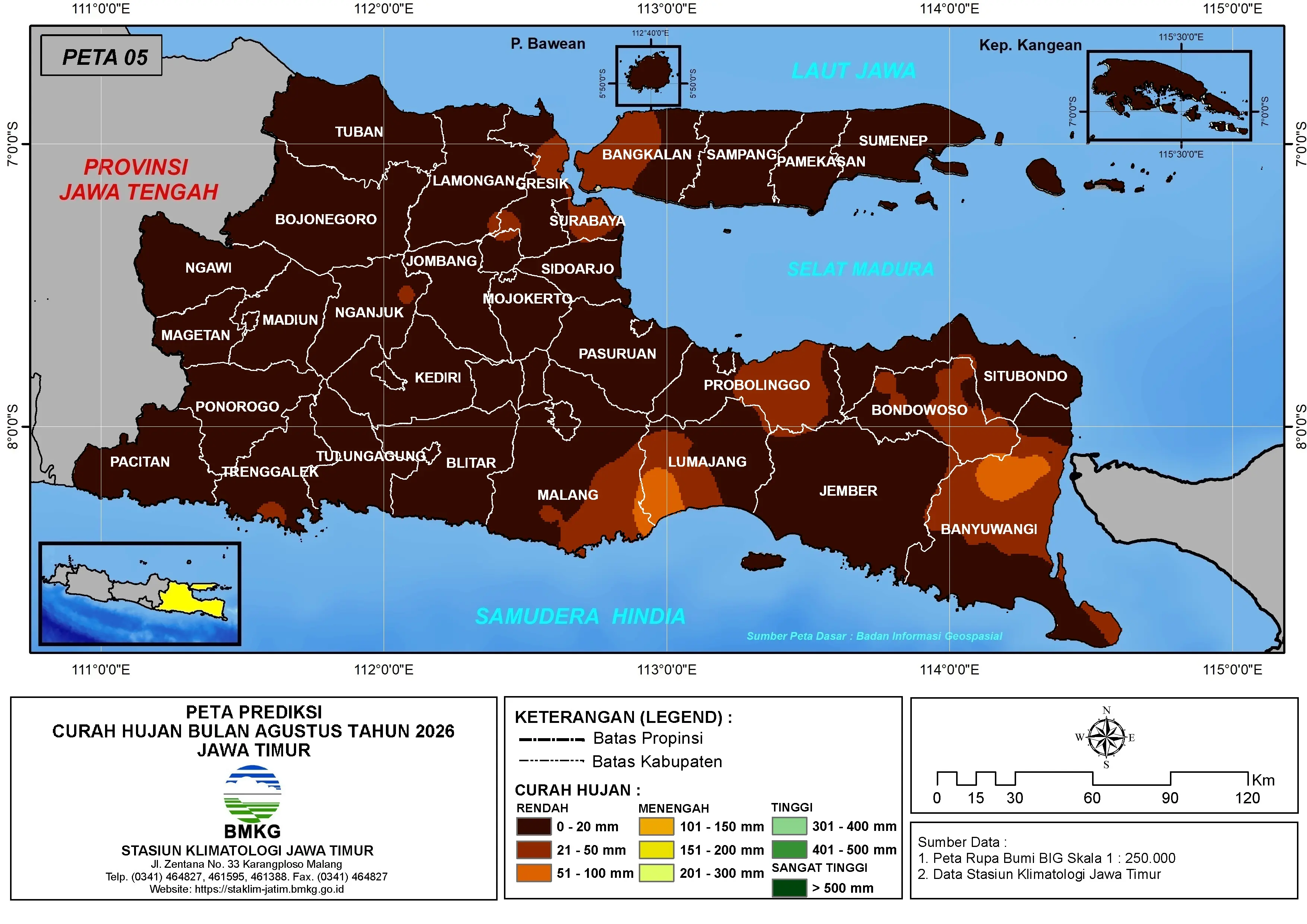 ( Prediksi - Bulanan ) Curah Hujan Bulan AGUSTUS Tahun 2026 - Update dari Analisis Bulan Juni Tahun 2026 di Provinsi Jawa Timur
