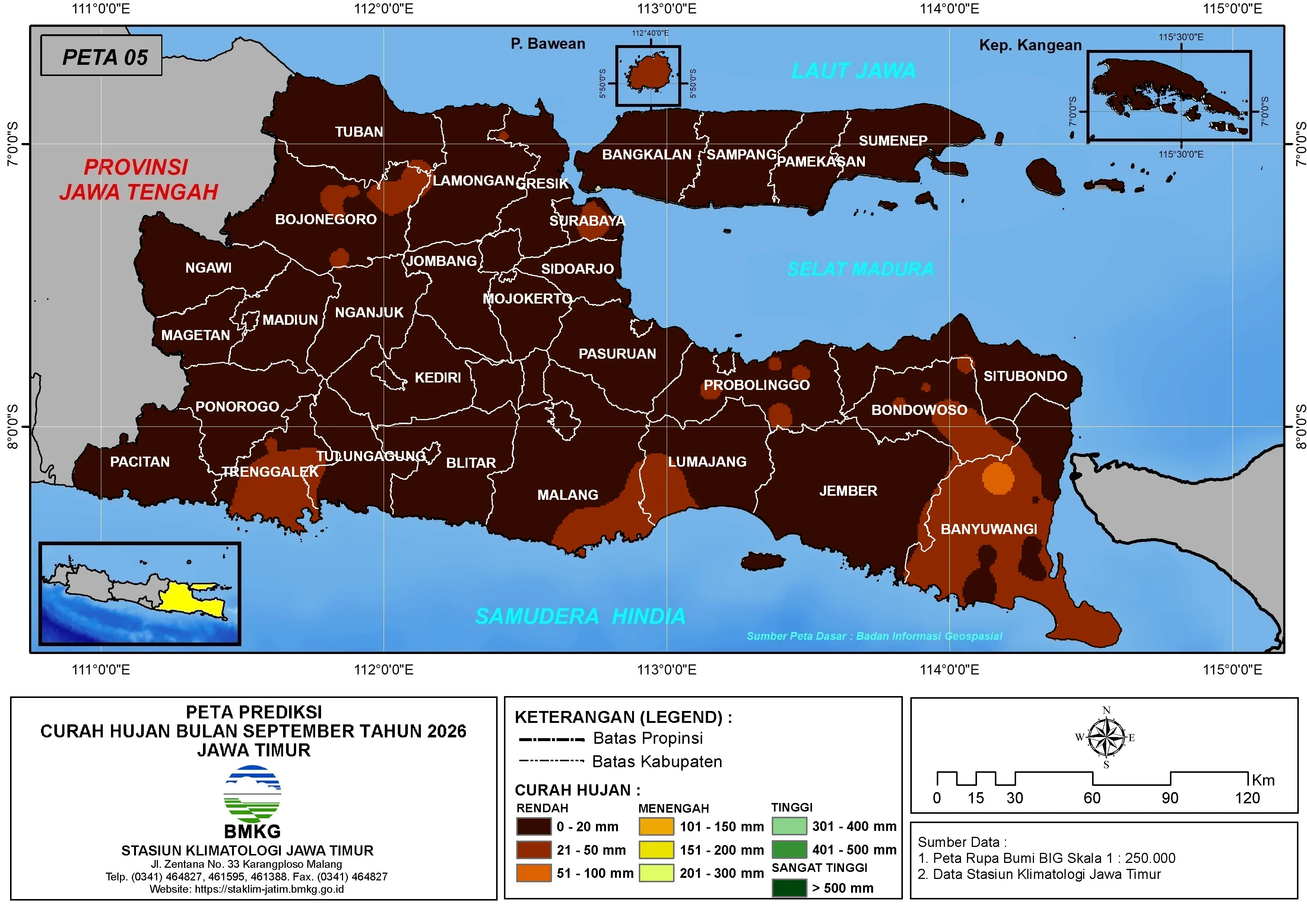 ( Prediksi - Bulanan ) Curah Hujan Bulan SEPTEMBER Tahun 2026 - Update dari Analisis Bulan Juli Tahun 2026 di Provinsi Jawa Timur