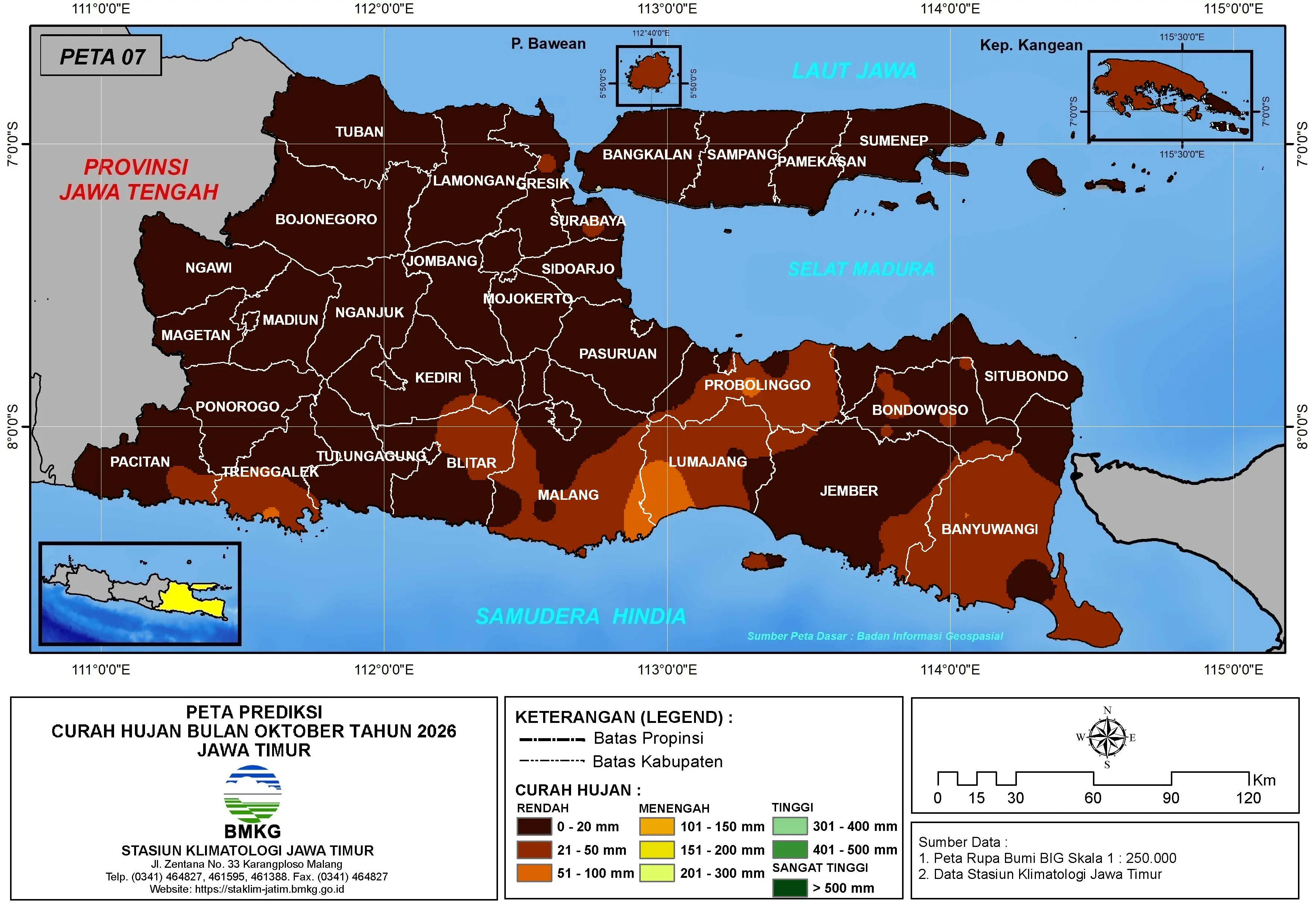 ( Prediksi - Bulanan ) Curah Hujan Bulan OKTOBER Tahun 2026 - Update dari Analisis Bulan Juli Tahun 2026 di Provinsi Jawa Timur