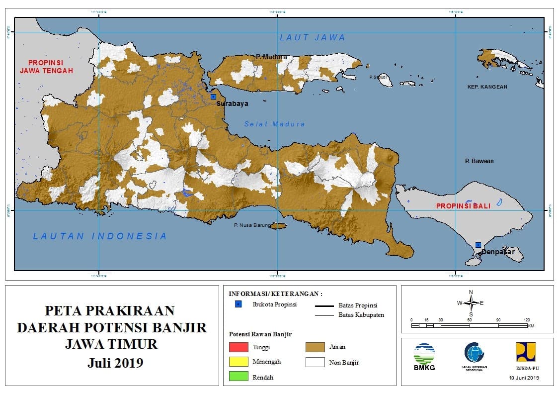 Prakiraan - Bulanan Daerah Potensi Banjir di Provinsi Jawa Timur untuk Bulan AGUSTUS Tahun 2019 update 10 Juni 2019