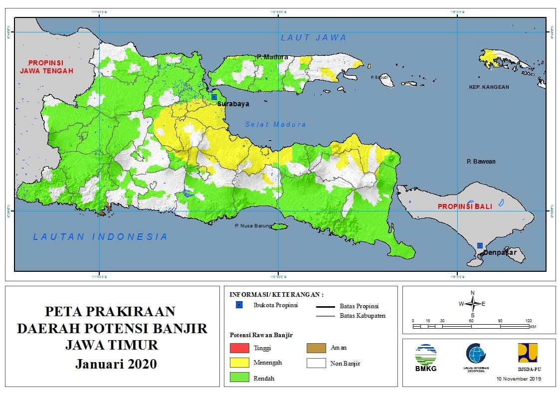 |Prakiraan - Bulanan| Daerah Potensi Banjir di Provinsi Jawa Timur untuk Bulan JANUARI Tahun 2020 update 10 November 2019
