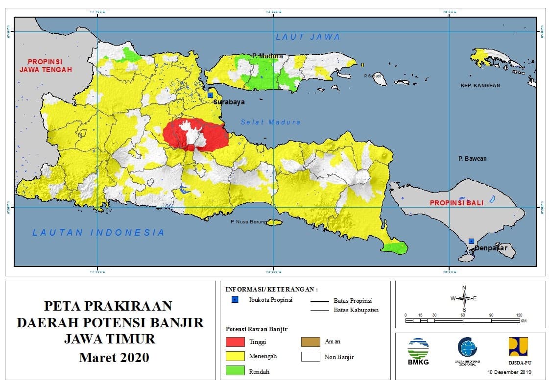 |Prakiraan - Bulanan| Daerah Potensi Banjir di Provinsi Jawa Timur untuk Bulan MARET Tahun 2020 update 10 Desember 2019