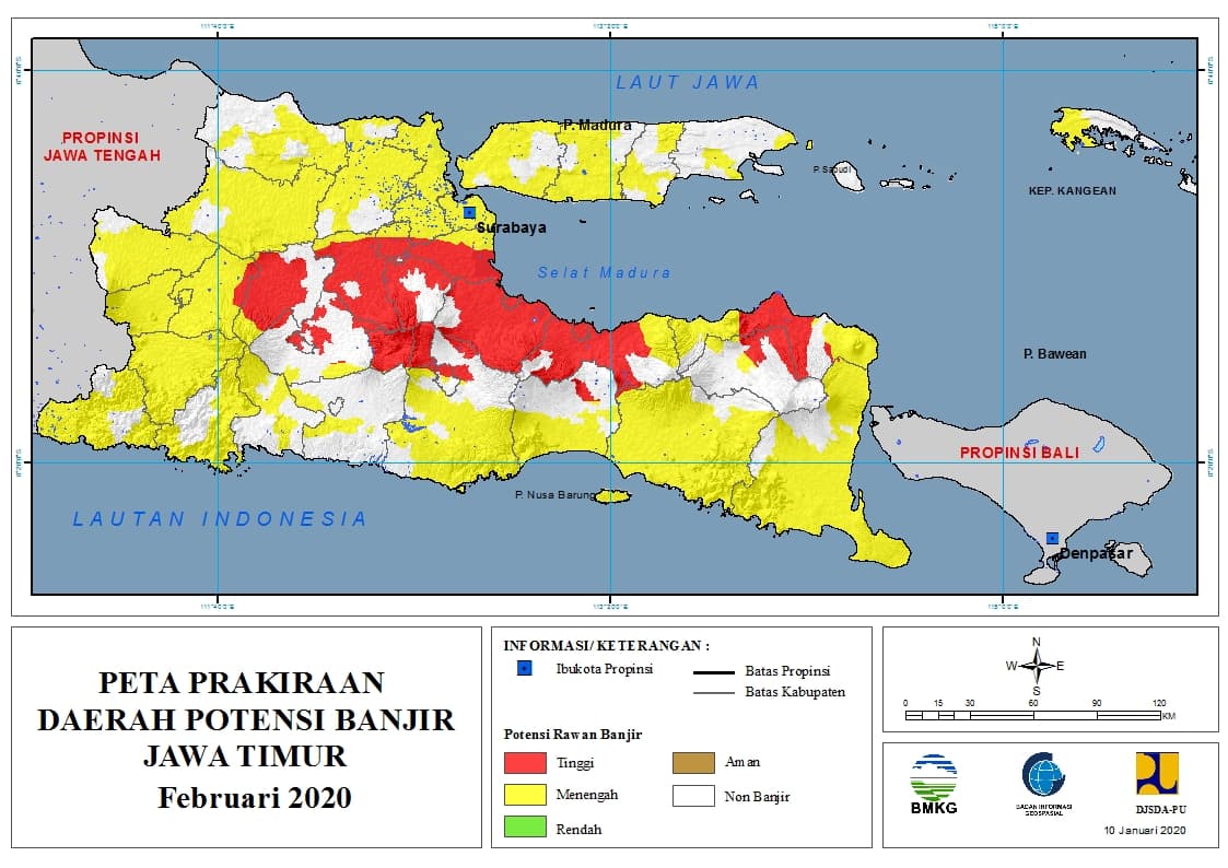 |Prakiraan - Bulanan| Daerah Potensi Banjir di Provinsi Jawa Timur untuk Bulan FEBRUARI Tahun 2020 update 10 Januari 2020