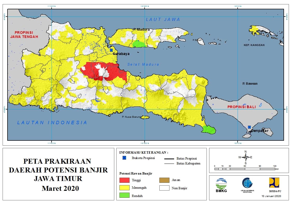 |Prakiraan - Bulanan| Daerah Potensi Banjir di Provinsi Jawa Timur untuk Bulan MARET Tahun 2020 update 10 Januari 2020