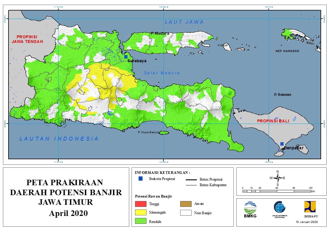 |Prakiraan - Bulanan| Daerah Potensi Banjir di Provinsi Jawa Timur untuk Bulan APRIL Tahun 2020 update 10 Januari 2020