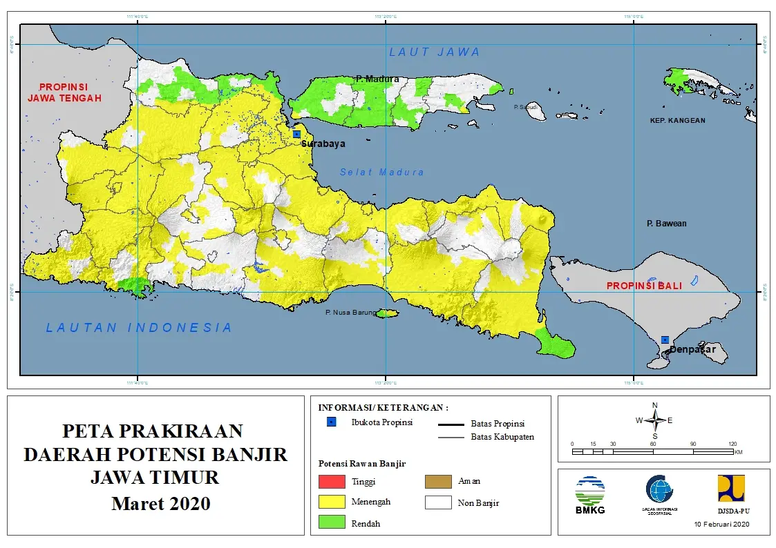 |Prakiraan - Bulanan| Daerah Potensi Banjir di Provinsi Jawa Timur untuk Bulan MARET Tahun 2020 update 10 Februari 2020