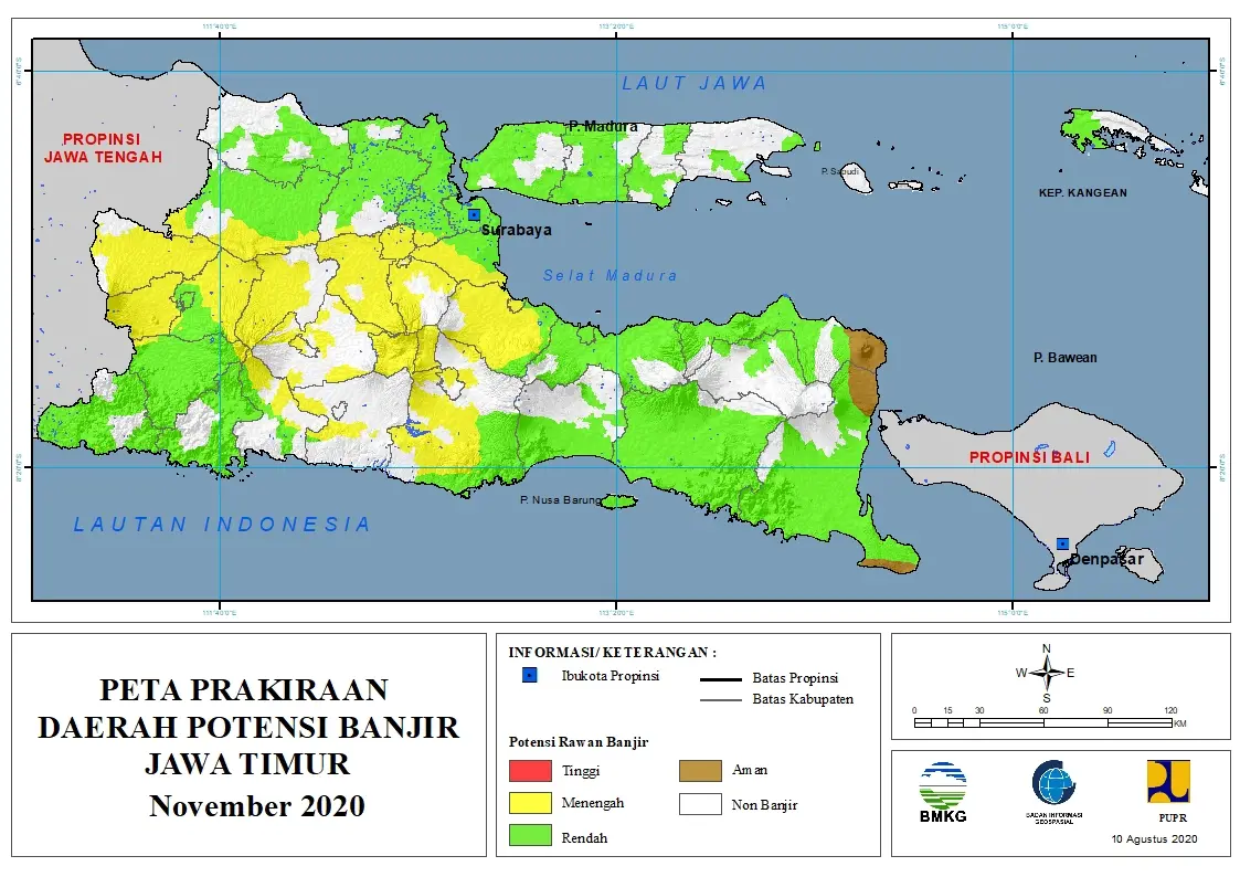 (Prakiraan - Bulanan) Daerah Potensi Banjir di Provinsi Jawa Timur untuk Bulan NOVEMBER Tahun 2020 update 10 Agustus 2020