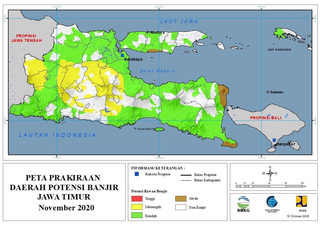 (Prakiraan - Bulanan) Daerah Potensi Banjir di Provinsi Jawa Timur untuk Bulan NOVEMBER Tahun 2020 Update 10 Oktober 2020