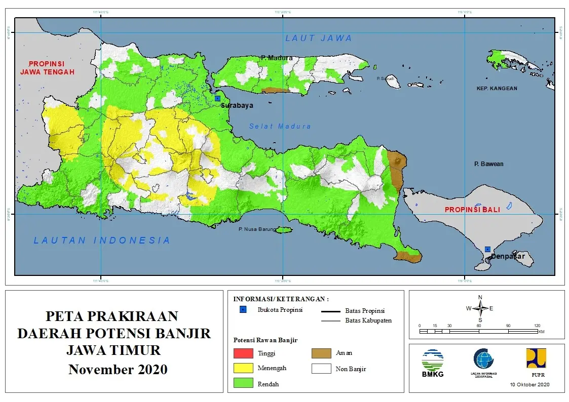 (Prakiraan - Bulanan) Daerah Potensi Banjir di Provinsi Jawa Timur untuk Bulan NOVEMBER Tahun 2020 Update 10 Oktober 2020