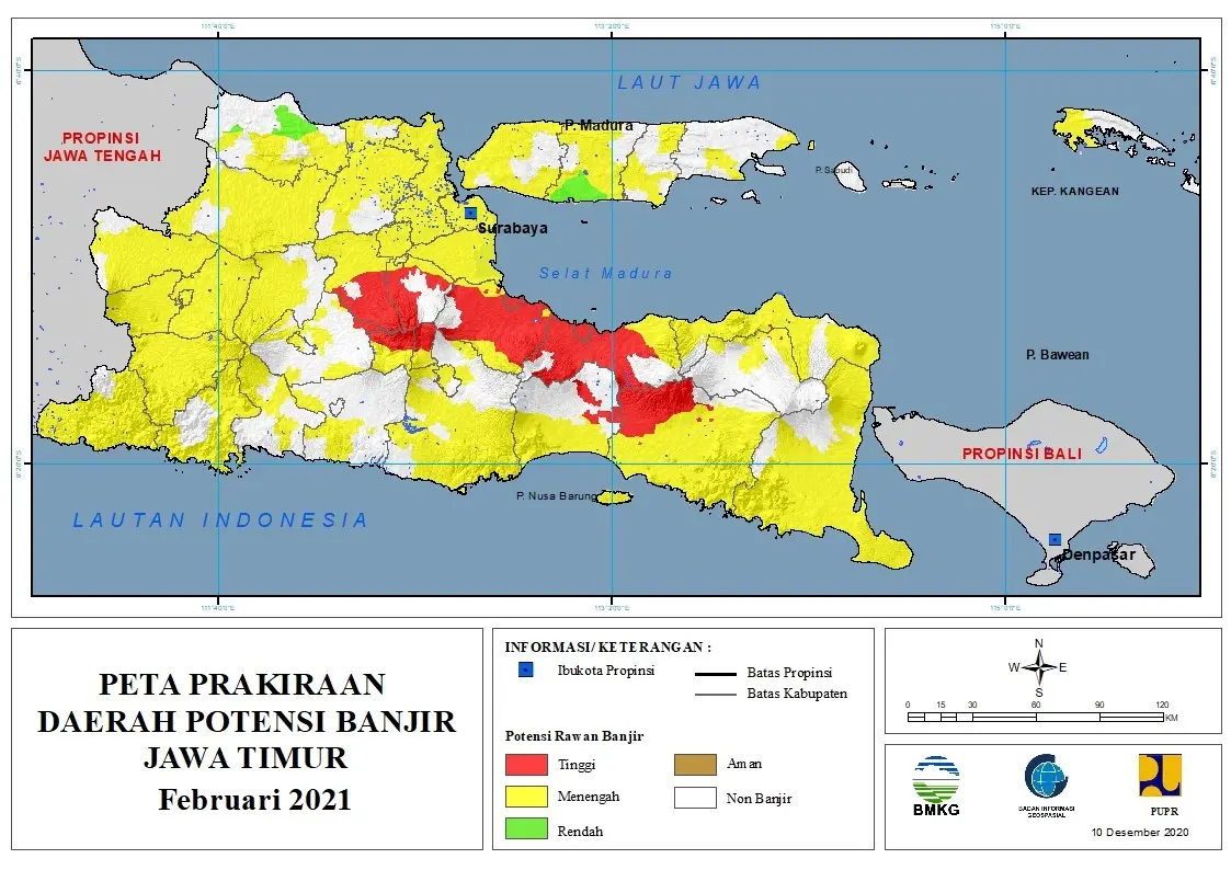 (Prakiraan - Bulanan) Daerah Potensi Banjir di Provinsi Jawa Timur untuk Bulan FEBRUARI Tahun 2021 Update 10 Desember 2020