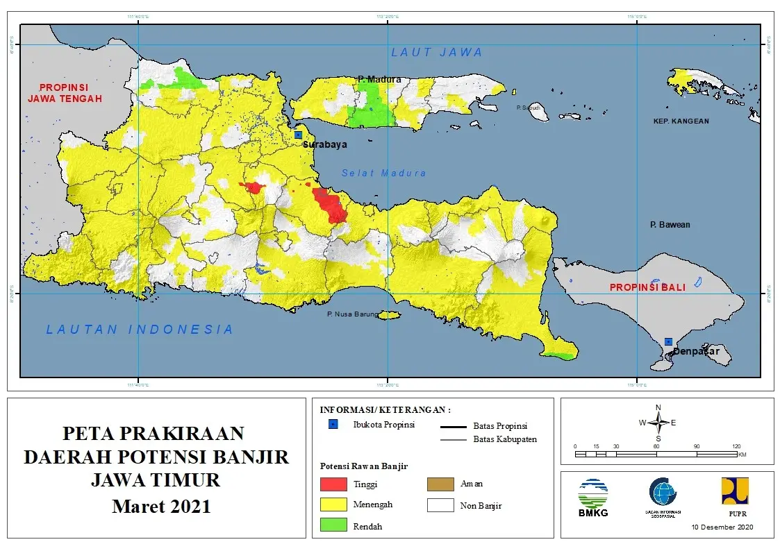 (Prakiraan - Bulanan) Daerah Potensi Banjir di Provinsi Jawa Timur untuk Bulan MARET Tahun 2021 Update 10 Desember 2020