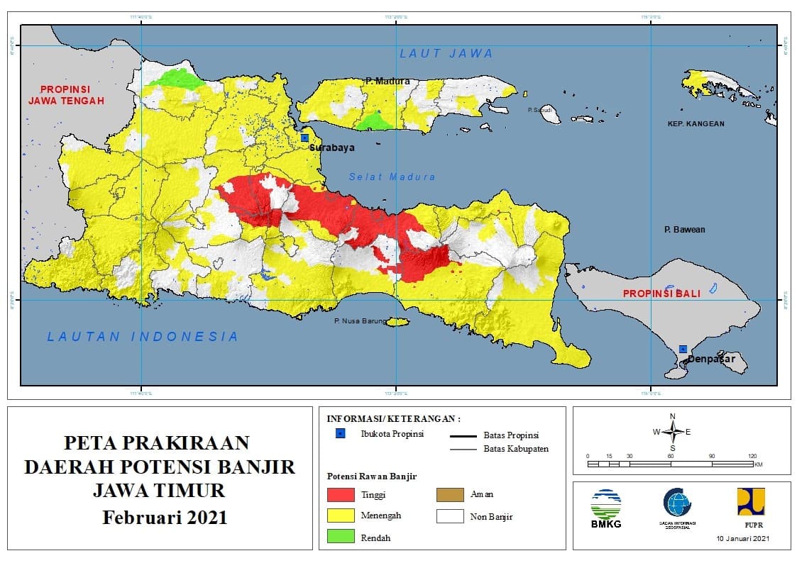 (Prakiraan - Bulanan) Daerah Potensi Banjir di Provinsi Jawa Timur untuk Bulan FEBRUARI Tahun 2021 Update 10 Januari 2021