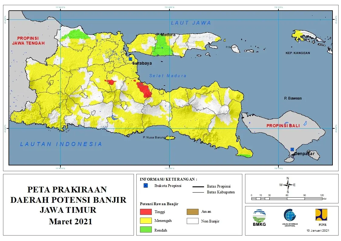 (Prakiraan - Bulanan) Daerah Potensi Banjir di Provinsi Jawa Timur untuk Bulan MARET Tahun 2021 Update 10 Januari 2021
