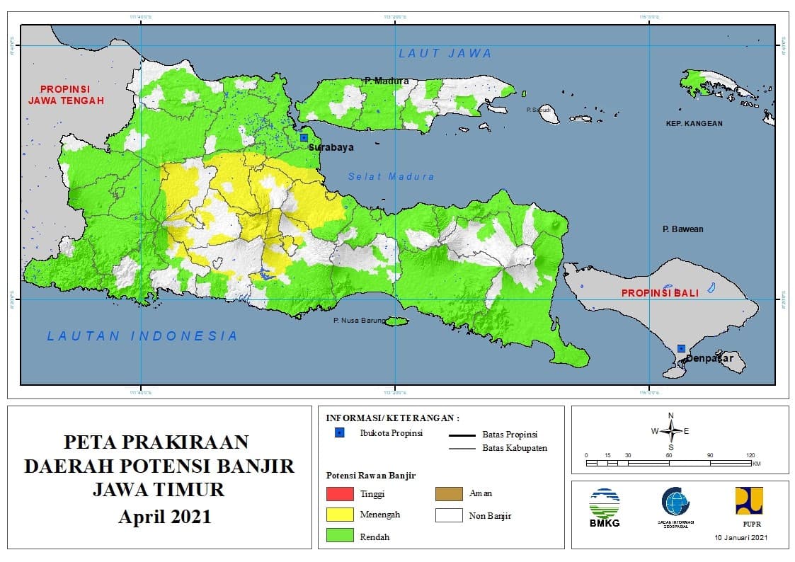 (Prakiraan - Bulanan) Daerah Potensi Banjir di Provinsi Jawa Timur untuk Bulan APRIL Tahun 2021 Update 10 Januari 2021