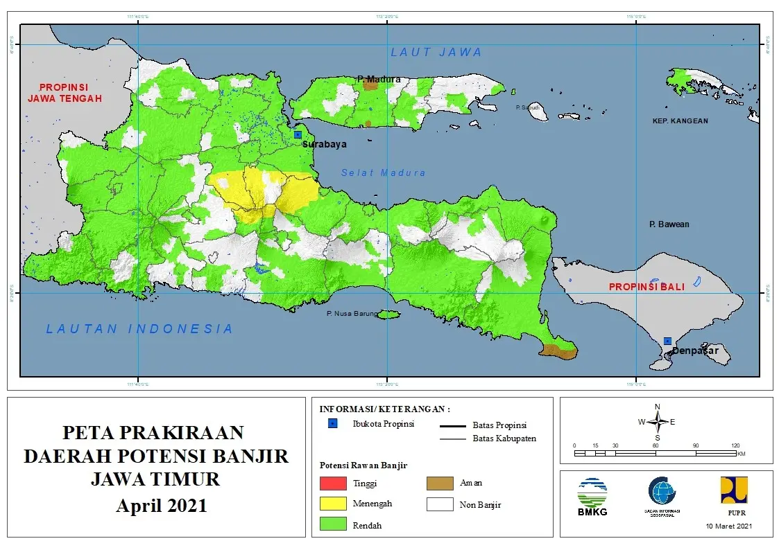 (Prakiraan - Bulanan) Daerah Potensi Banjir di Provinsi Jawa Timur untuk Bulan APRIL Tahun 2021 Update 10 Maret 2021