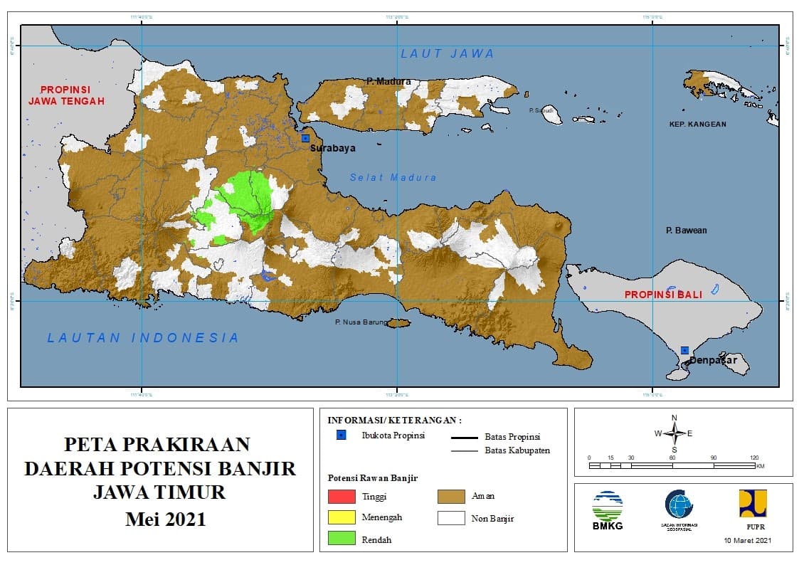 (Prakiraan - Bulanan) Daerah Potensi Banjir di Provinsi Jawa Timur untuk Bulan MEI Tahun 2021 Update 10 Maret 2021