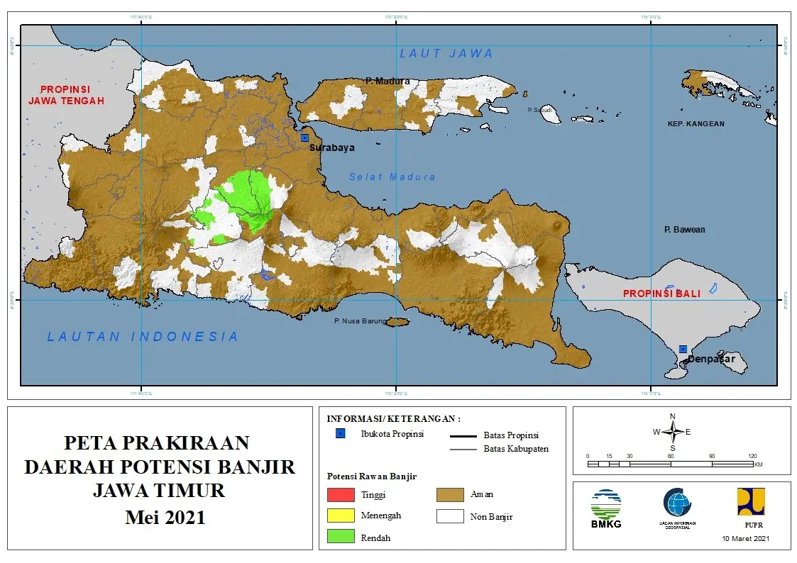 (Prakiraan - Bulanan) Daerah Potensi Banjir di Provinsi Jawa Timur untuk Bulan MEI Tahun 2021 Update 10 Maret 2021
