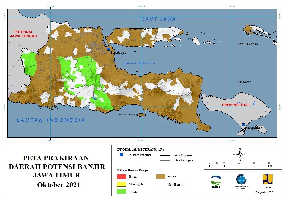 (Prakiraan - Bulanan) Daerah Potensi Banjir di Provinsi Jawa Timur untuk Bulan OKTOBER Tahun 2021 Update 10 Agustus 2021