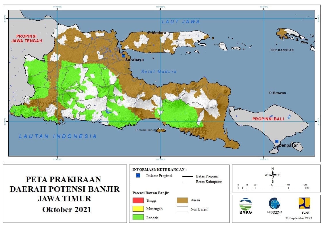 (Prakiraan - Bulanan) Daerah Potensi Banjir di Provinsi Jawa Timur untuk Bulan OKTOBER Tahun 2021 Update 10 September 2021