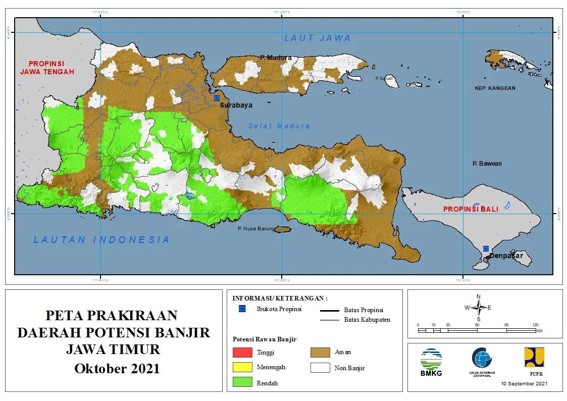 (Prakiraan - Bulanan) Daerah Potensi Banjir di Provinsi Jawa Timur untuk Bulan OKTOBER Tahun 2021 Update 10 September 2021